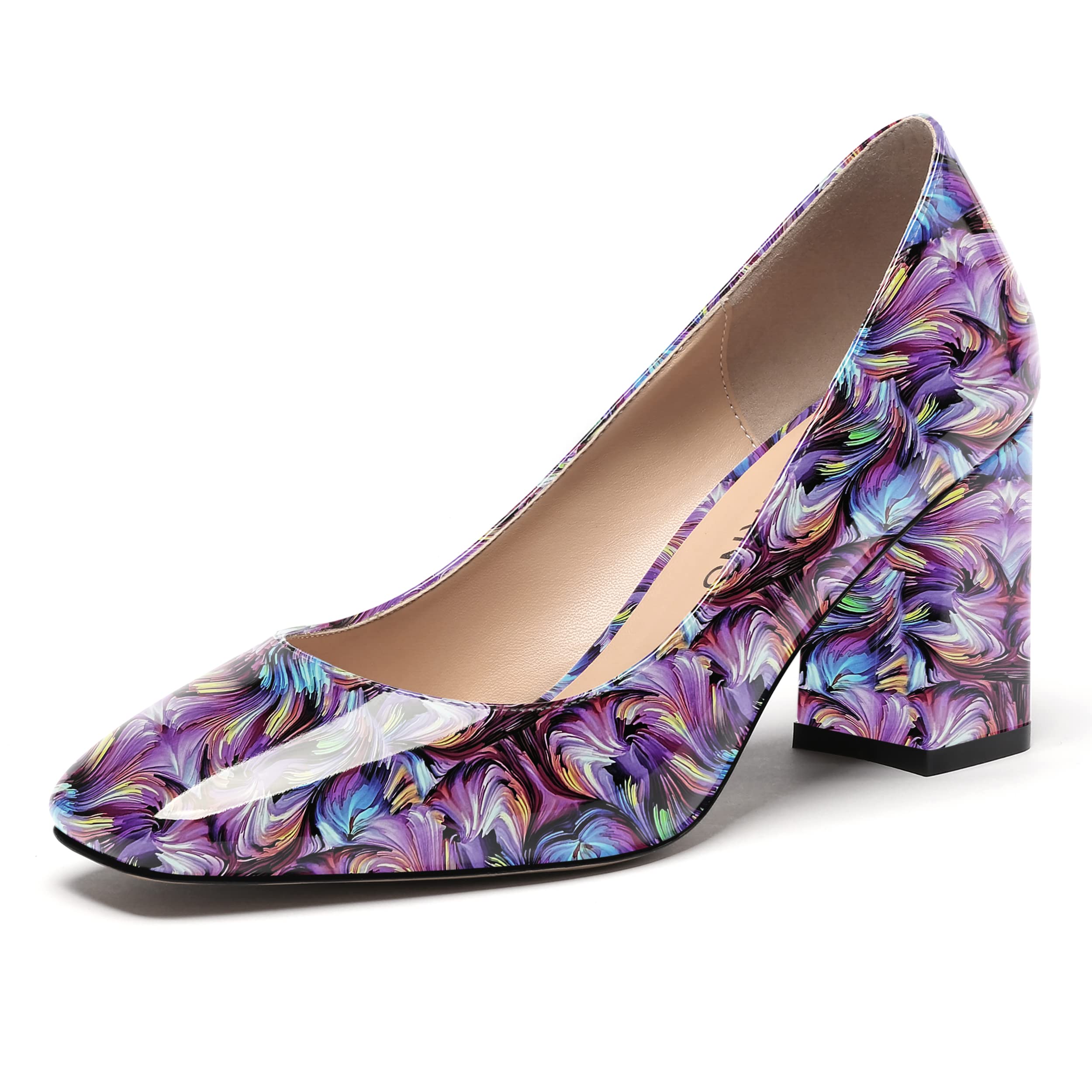 WAYDERNS Women's Square Toe Block Heel Pumps – 3 Inch Heel, Patent Leather, Memory Foam
