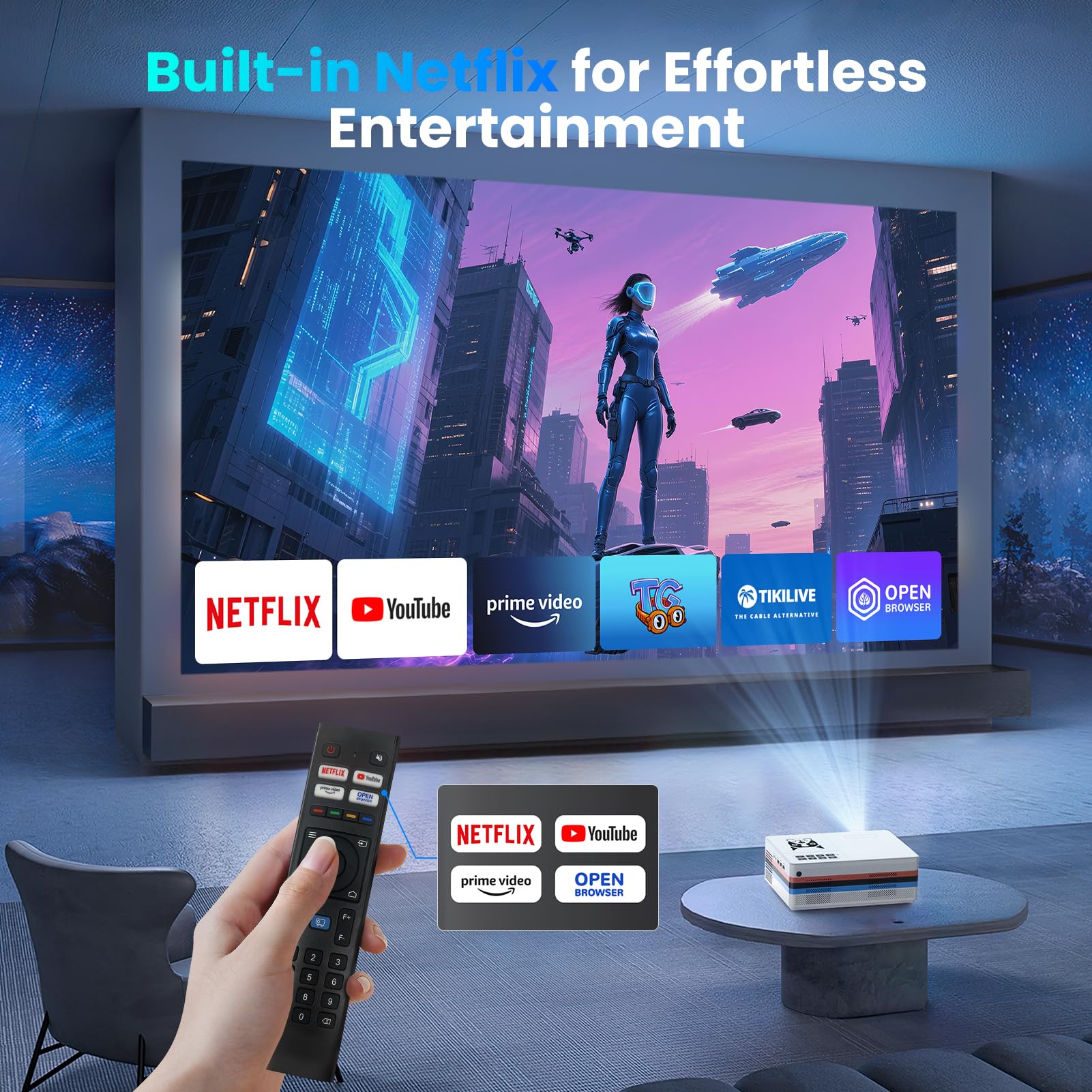 [Netflix Officially/Dolby Audio] FUDONI Smart Projector with WiFi and Bluetooth 4K, Auto Keystone& Electric Focus, 800ANSI Outdoor Projector with Apps, Built-in Netflix/YouTube/Prime Video