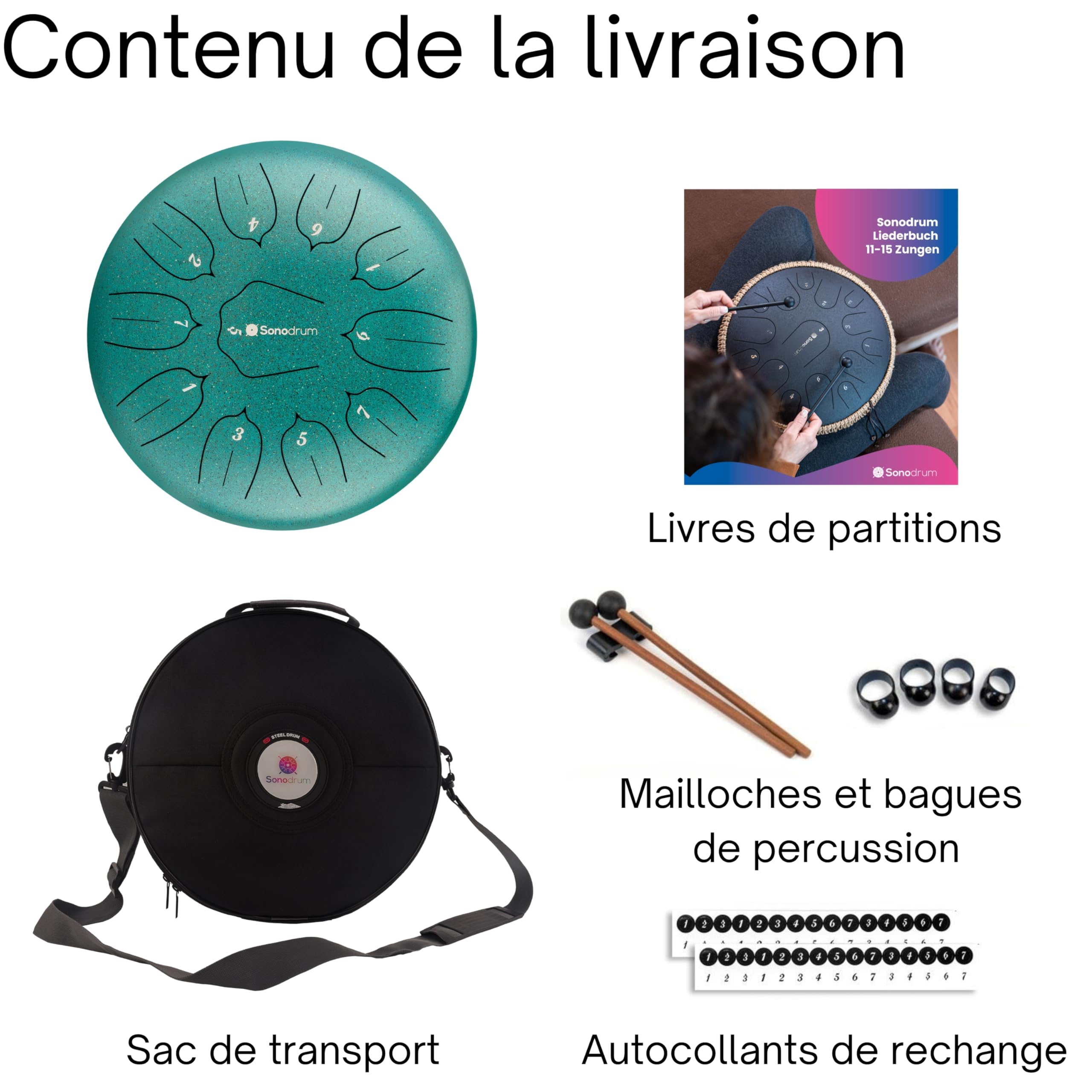 Steel Tongue Drum « Standard » do majeur en vert - 12 pouces avec 11 sons - Tambour à langue en acier avec livre de partitions, mailloches et sac. Savoir jouer des notes n'est pas nécessaire.