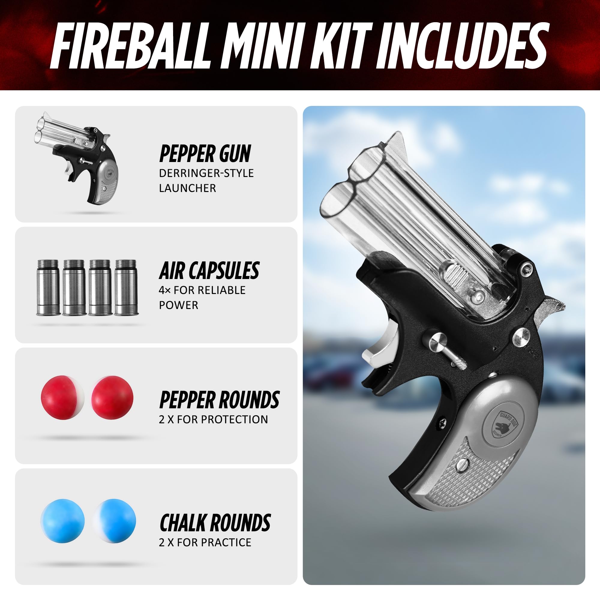 Fireball Mini, il più piccolo lanciatore calibro .50, dispositivo di autodifesa a doppia munizione, dispositivo domestico e di autodifesa, raggio di 15 metri, set di protezione compatto non letale con