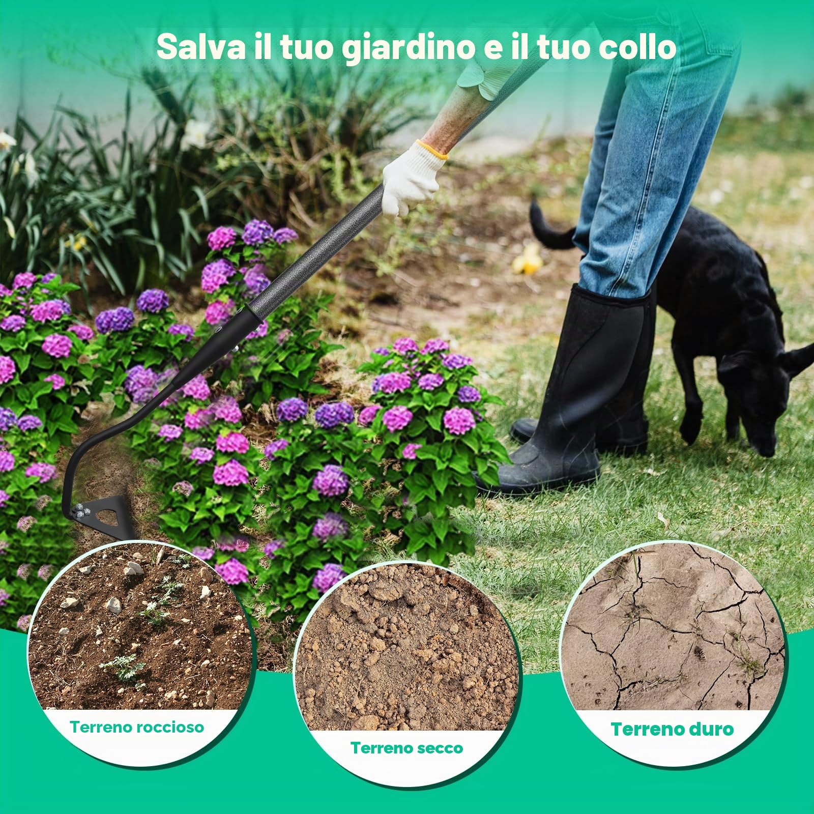 Zappa da giardino, Zappa da giardino con manico 140 cm, Zappa cava temprata per diserbo, allentamento del suolo, scavo, piantagione, solchi, Pratico strumento per rimuovere le erbacce Utensile da