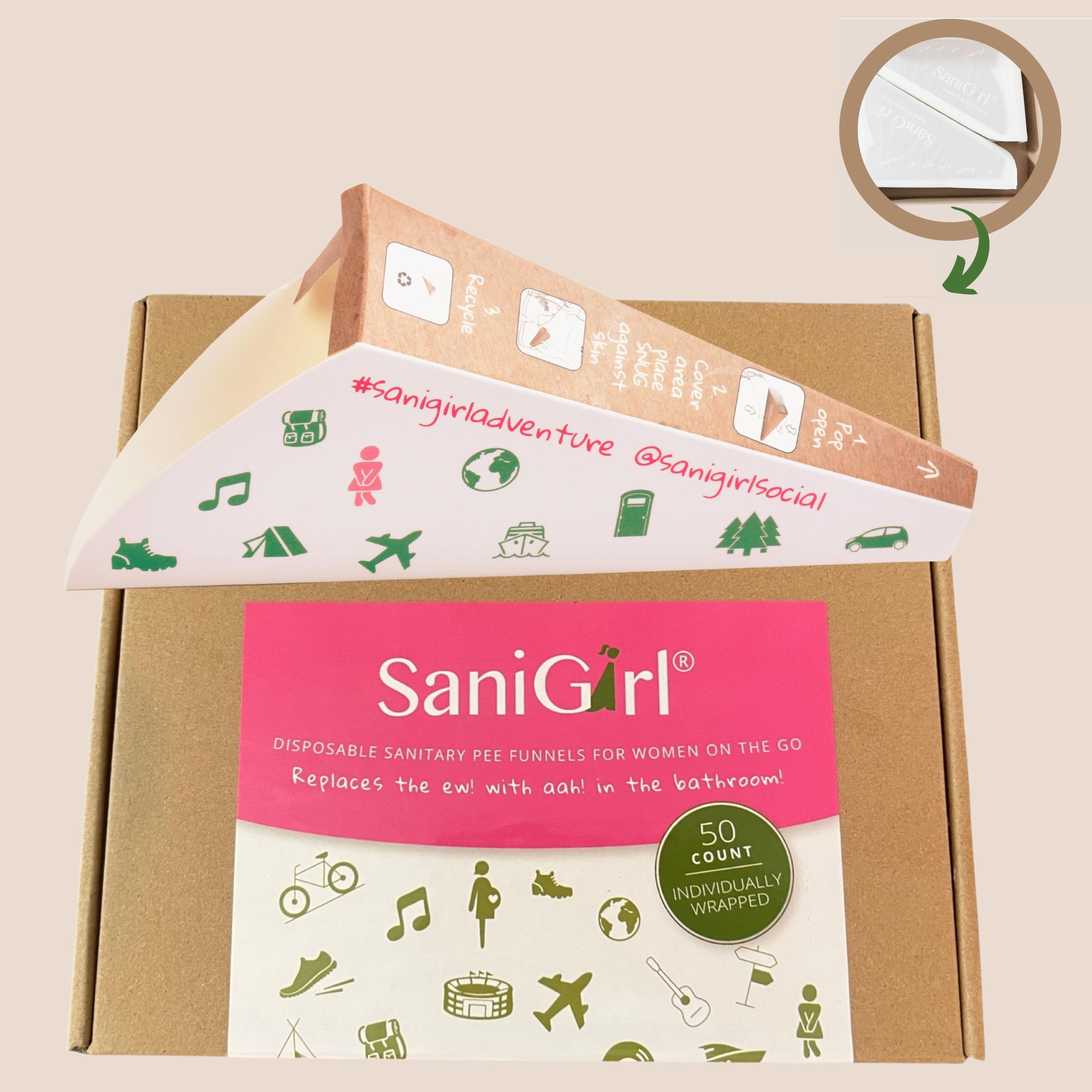 SaniGirl Pisuar podróżny dla kobiet | Jednorazowe urządzenie do oddawania moczu dla kobiet | kobiece produkty higieniczne do siusiania na stojąco | przybory toaletowe podróżne niezbędne na kemping i