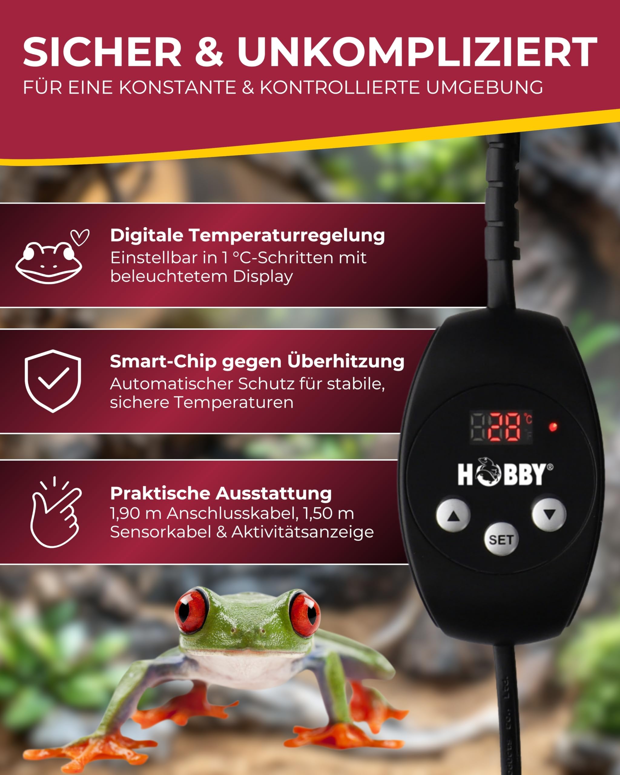 HOBBY Terraristik Thermica Control 6 W I Heizmatte mit Temperaturregler & Sensor I Einstellbar 20-50 °C I Zubehör für Terrarien & Gewächshäuser