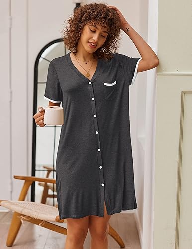 Miniatura 2 de Ekouaer Camisones para mujer, pijamas con botones, manga corta, cuello en V, ropa de dormir S-3XL