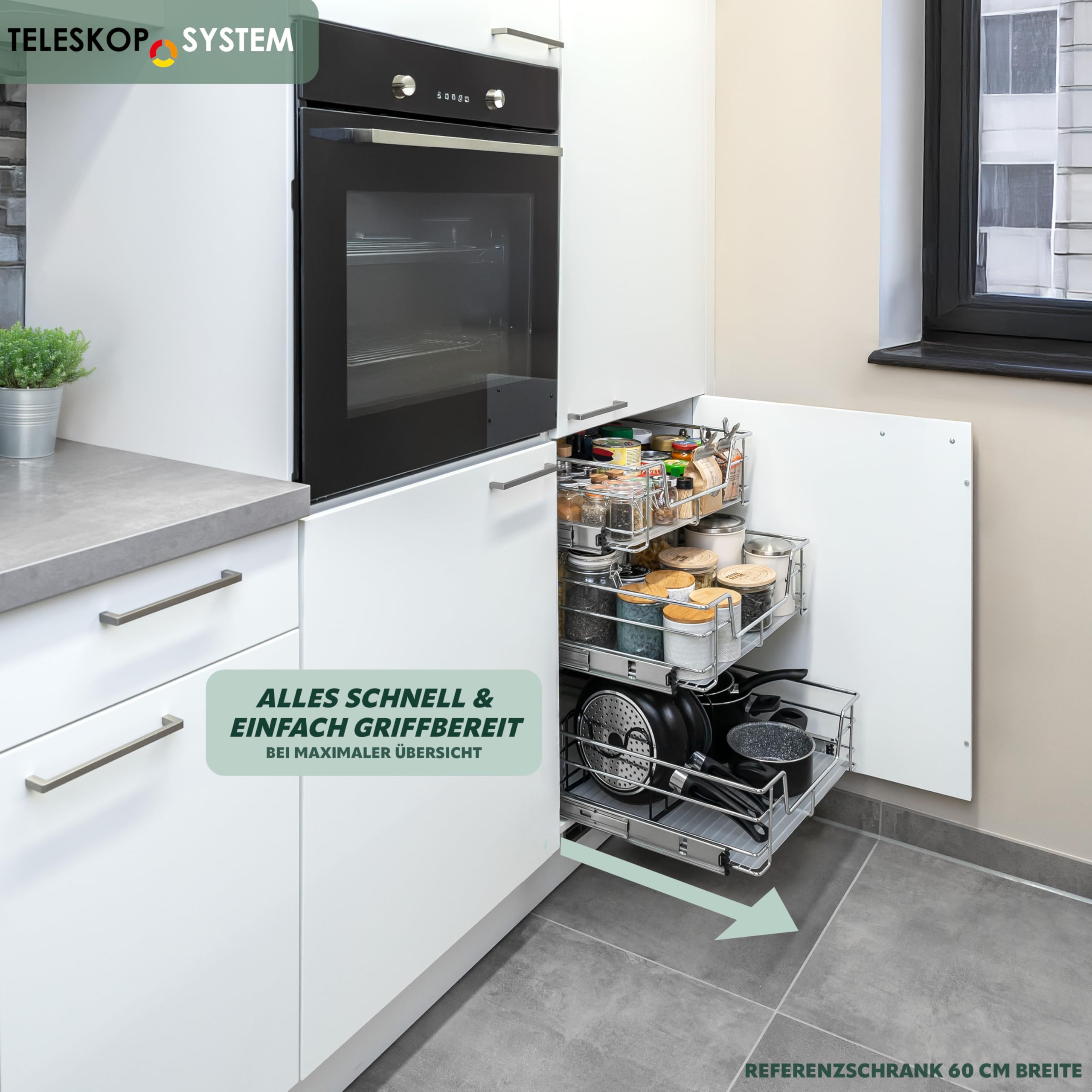 bremermann Teleskopschublade 50 cm mit Einlegeboden, Küchenschublade zum Nachrüsten, Vollauszug mit Teleskop-Schienen, Schrankauszug ideal für Küche, Bad & Schlafzimmer, aus Metall, chrom