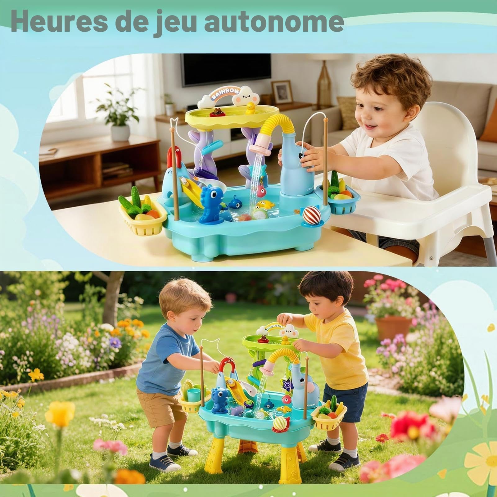 Générique Table d'eau Et De Sable pour Enfant - Table De Jeu d'eau avec Évier Et Jeu De Pêche À l'eau Courante, Ensemble DeJeu Sensoriel pour Enfant, avec CirculationD'eau, Toboggan Et Jeux De Pêche