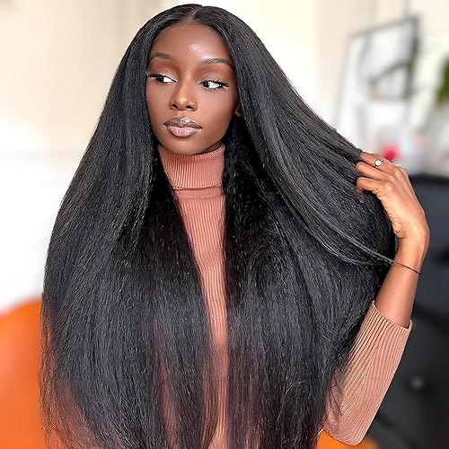 Lemoda Yaki Straight Human Hair Wig Full 13x6 Lace Front Wigs Human Hair 200 Density HD Transparent Lace Wig Pre Plucked 14A Virgin Kinky Straight Human Hair Wigs for Women 28 Inch