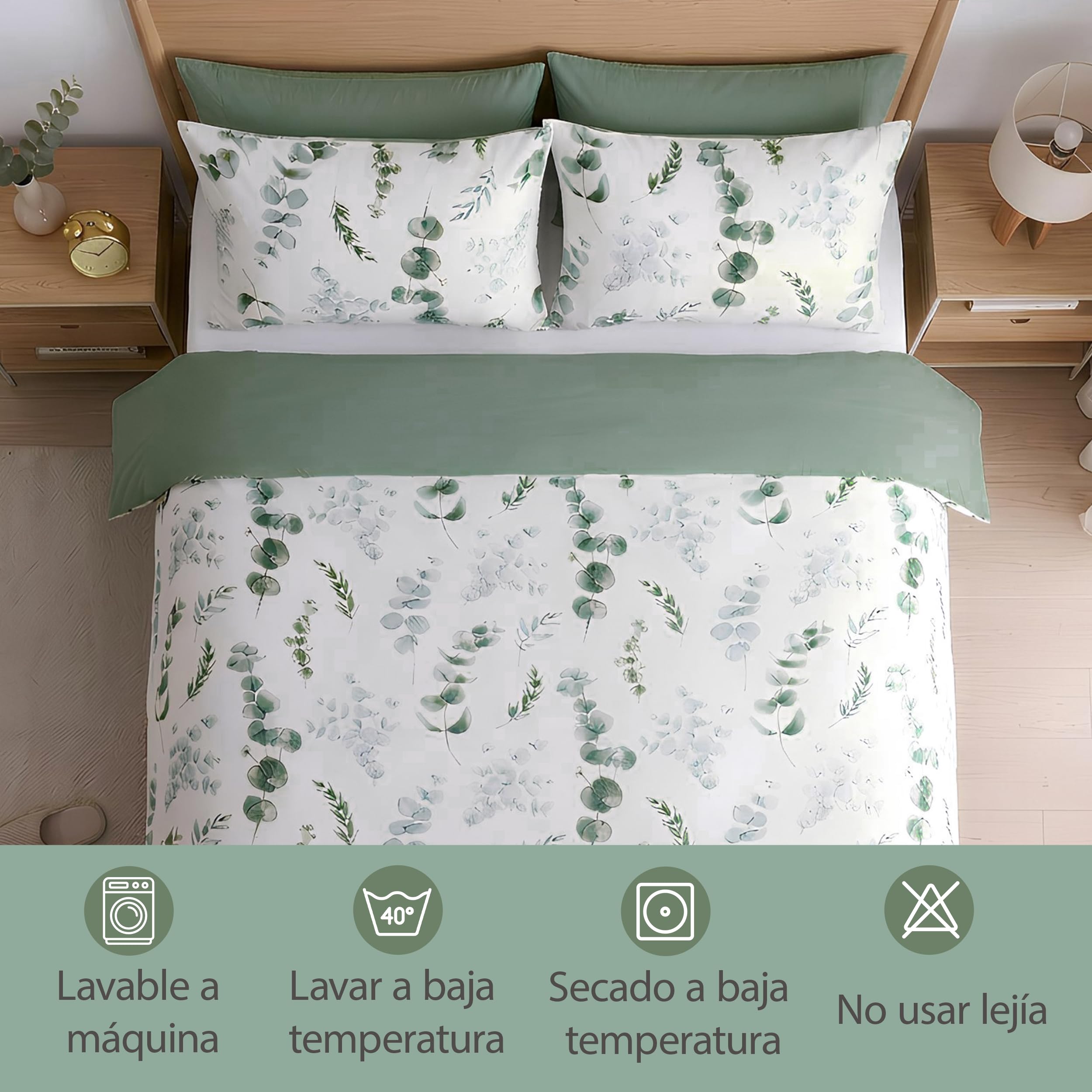H HANSEL HOME Funda Nórdica Cama 90-2 Piezas - Microfibra Transpirable - Funda Edredón 150x220 cm, Funda de Almohada 50x90 cm - Estampada Eucalipto