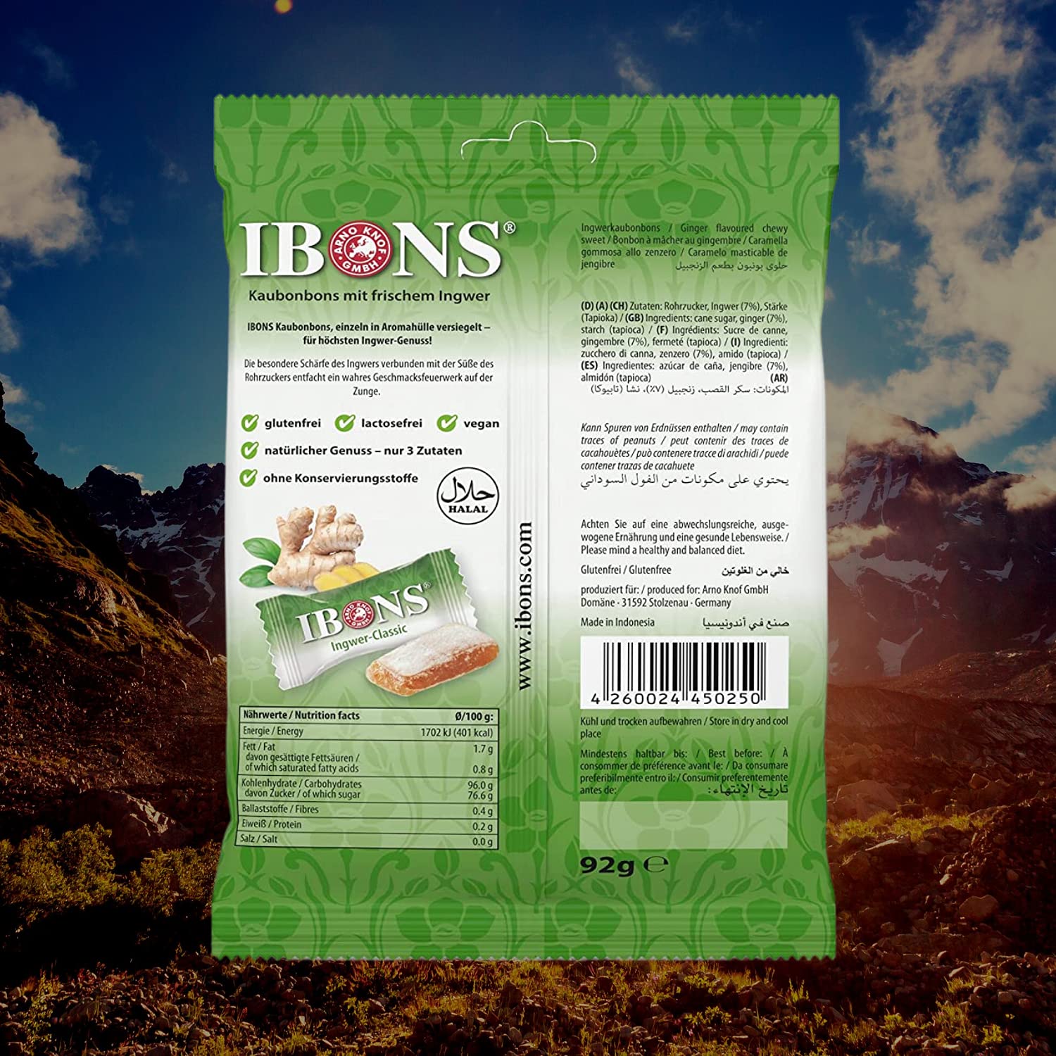 IBONS Ingwer Bonbons Classic – Weiche Ingwer Kaubonbons mit echtem frischem Ingwer – Süß & leicht scharf – Vegan & Glutenfrei & Halal & Lactosefrei – 10 x 92 g Tüten