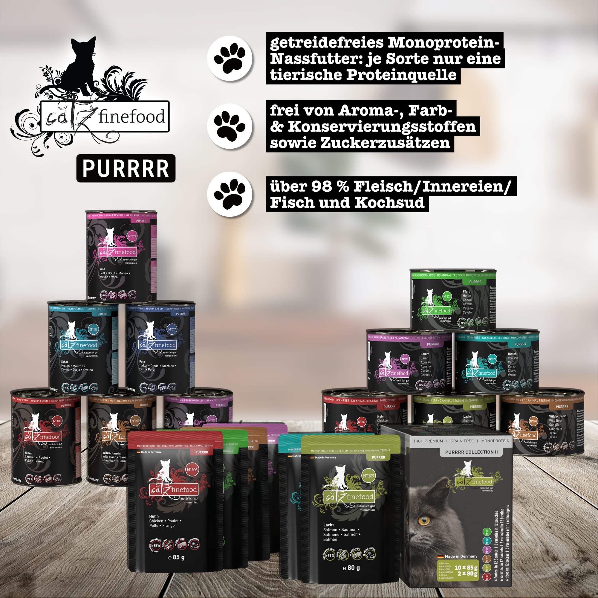 catz finefood Purrrr Collection I monoprotein mokra karma dla kotów – bez zbóż, bez cukru, hipoalergiczna, wysoka zawartość mięsa, opakowanie wielu mokrej karmy dla kotów, w woreczku, 6 x 400 g