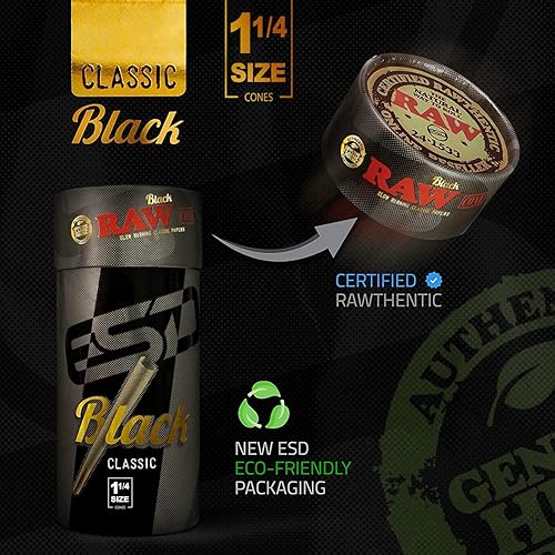 Miniatura 4 de RAW Cones Classic Black 1-14 Tamaño Paquete de 50 Conos preenrollados de combustión lenta Papel de liar prensado extrafino para papel fino,