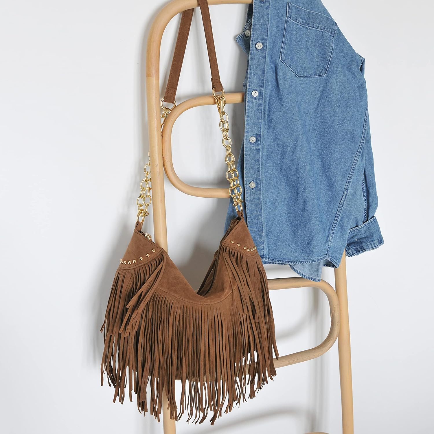 HOXIS Studded Tassel Faux Suede Leather Hobo Cross Body Chain Shoulder Bag Women’s Satchel
