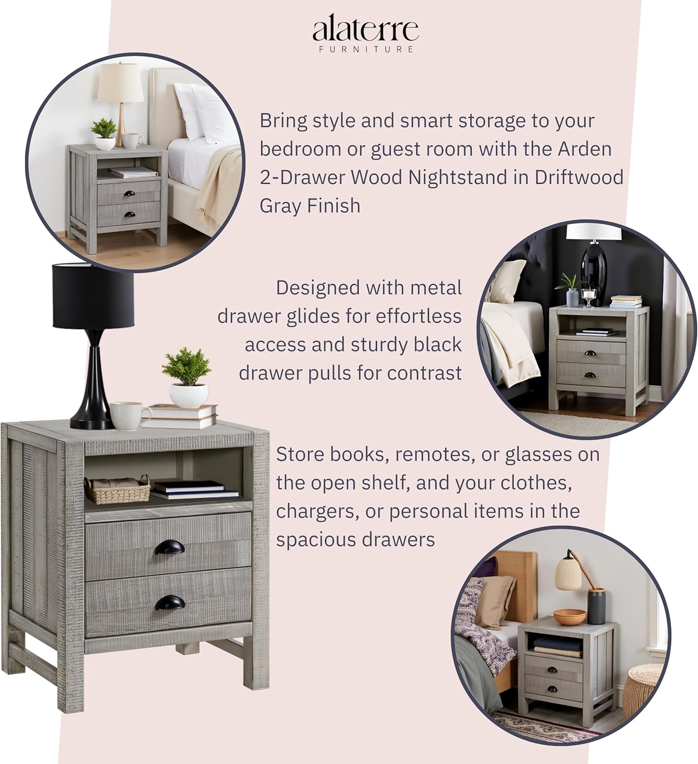 Arden 2-Drawer Wood Nightstand - Driftwood Gray, Rustic Finish with Black Metal Pulls, Solid Pine Construction, Includes Open Top Shelf for Easy Access Storage, Ideal for Master Bedroom