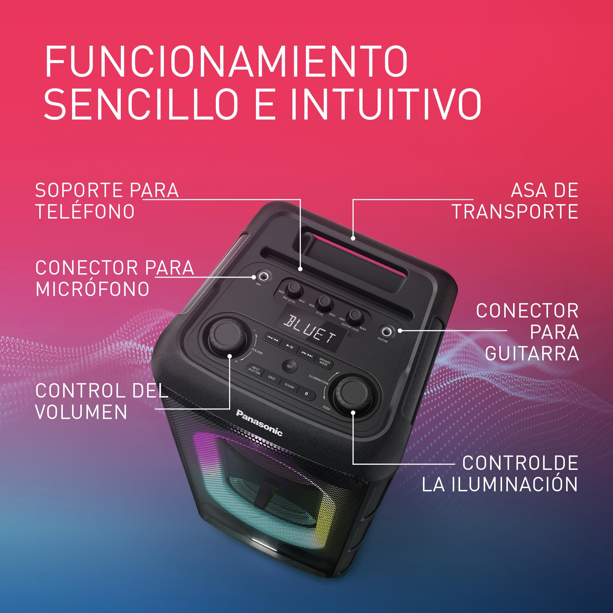 Panasonic SC-BMAX5E-K Altavoz Portátil para Fiestas con Bluetooth, Luces Integradas, 75 W, USB, Entrada Óptica para TV, Entradas de Guitarra y Micrófono para Karaoke, Negro