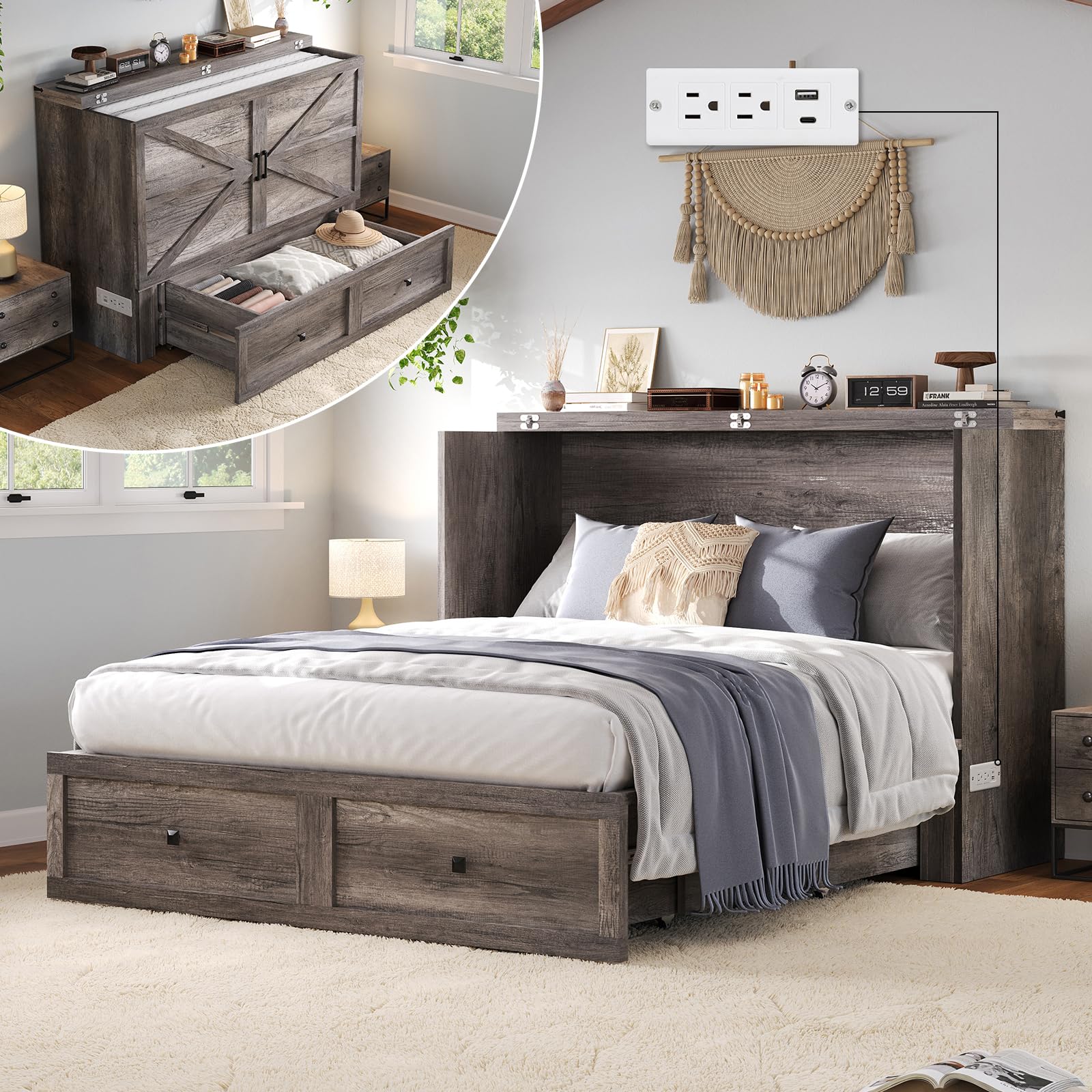 Murphy Bed Queen Size Cabinet Bed with Charging Station, Large Storage Drawer for Home Office or Small Room, Hideaway Bed Full Foldable Platform Bed, Rustic Grey