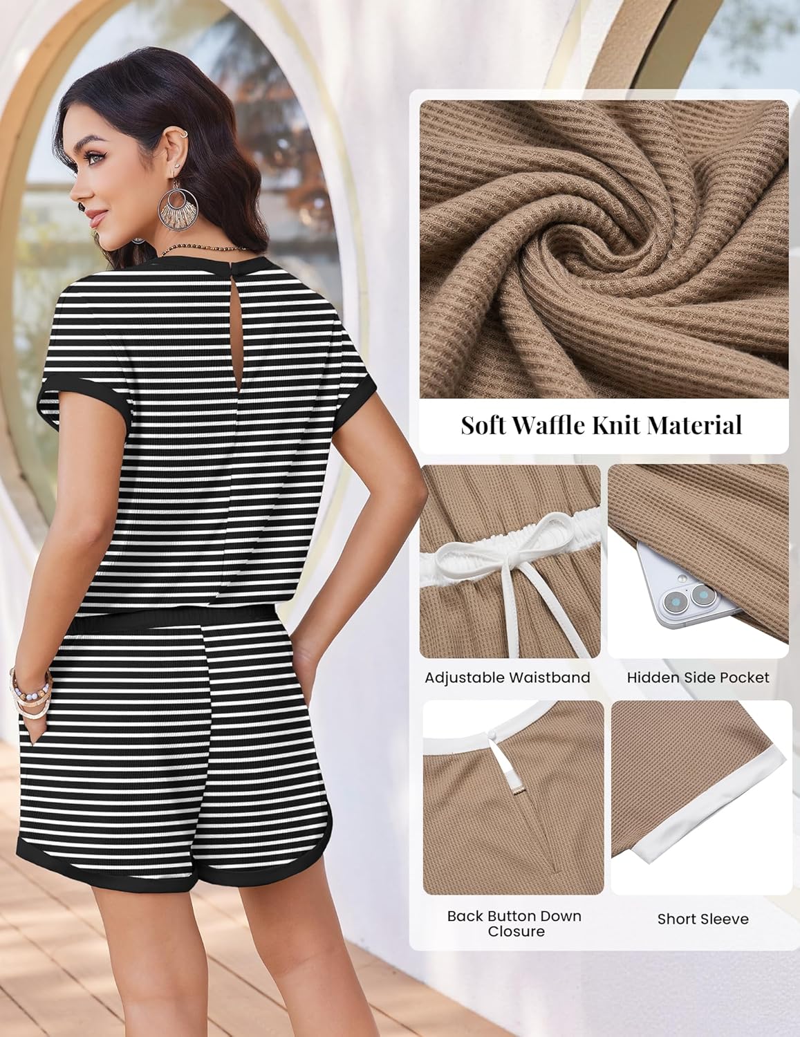 Ekouaer Women Waffle Rompers for Summer Casual Shorts Overalls Adjustable Drawstring Waist Jumpsuits One Piece Outfits - Image 5