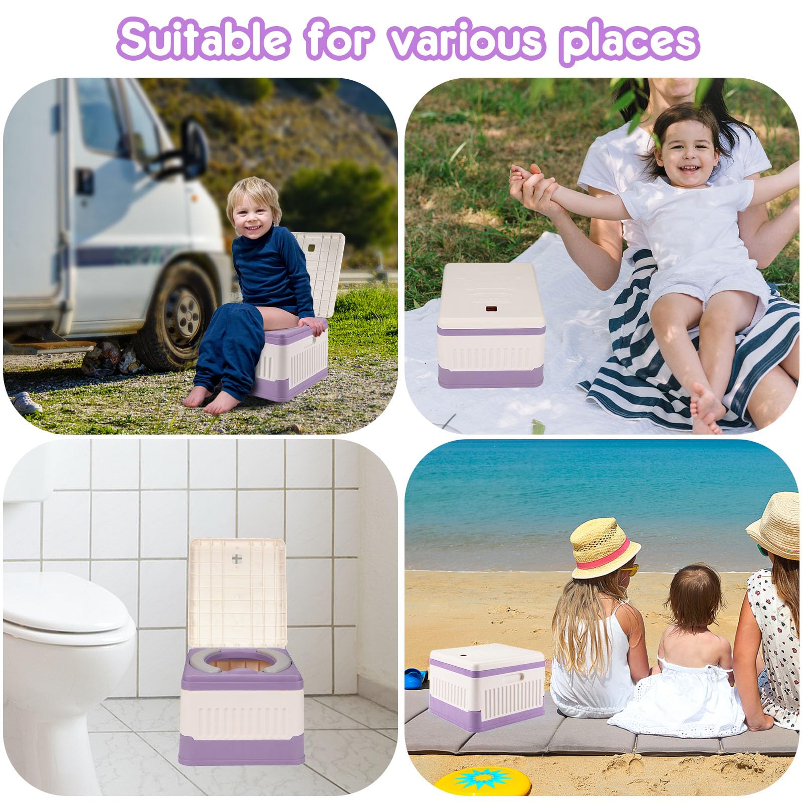 Vasino portatile da viaggio per bambini, pieghevole, da viaggio, per bambini, WC di emergenza per auto, campeggio, esterni, interni, con 45 sacchetti usa e getta, viola