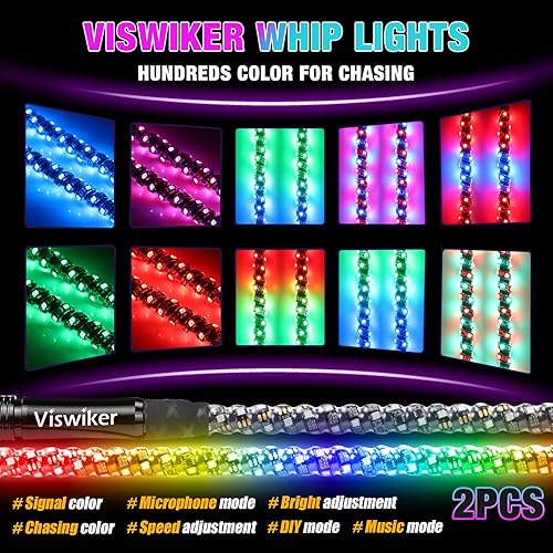 Miniatura 5 de 2PCS Luces LED Whip de 2FT para UTVATV, APP y Control Remoto, Modos de Color Secuencial, Luz Todoterreno Impermeable para Can-Am, Polaris RZR, Dune