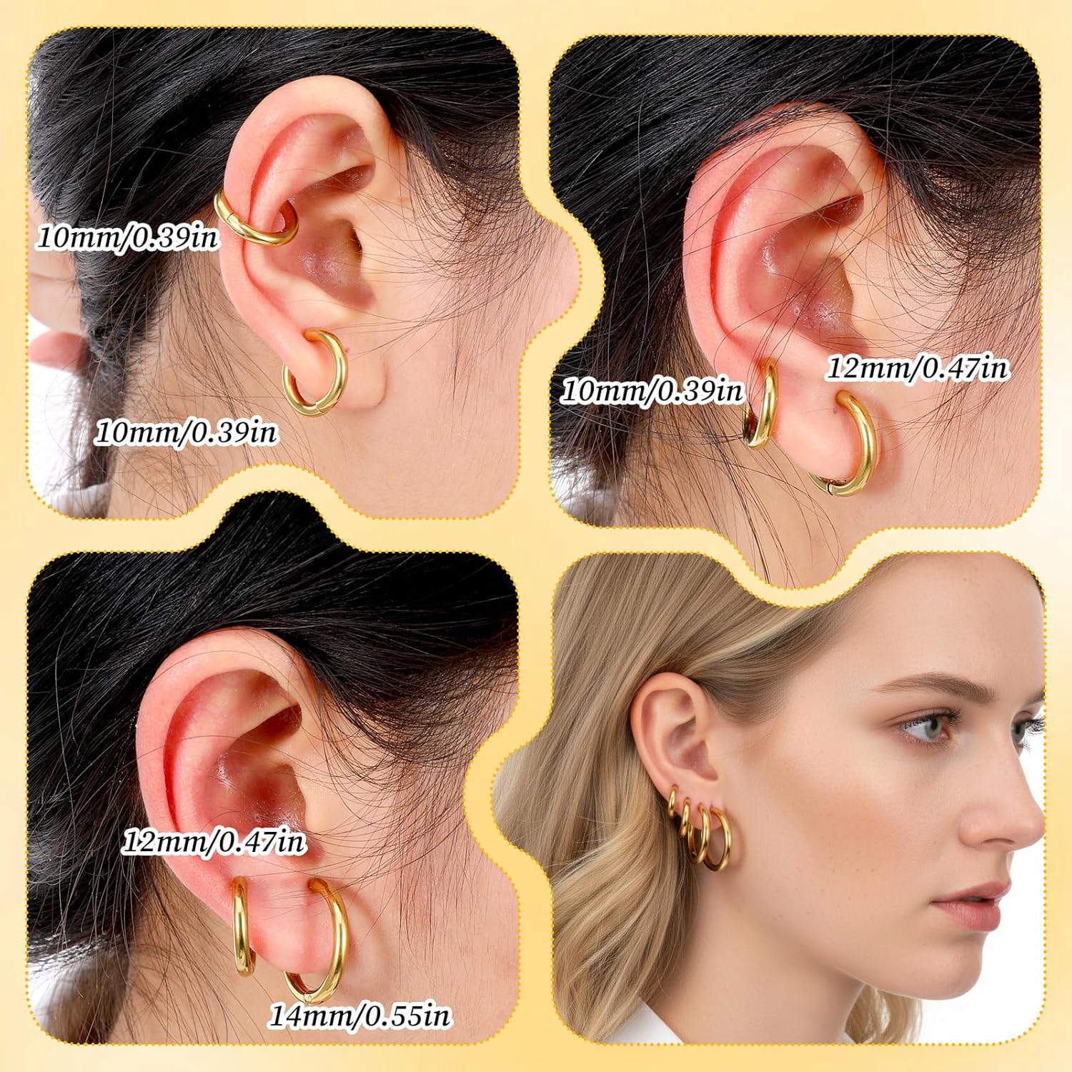 10PCS Clip On Earrings, Non Piercing Fake Earring Stainless Steel Clip On Hoop Earrings for Women Men 8mm 10mm 12mm 14mm 16mm(Gold) - Image 4