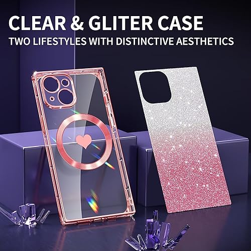 Miniatura 2 de Funda magnética cuadrada para iPhone 15 Plus compatible con MagSafe protección completa de la lente, patrón de corazón lindo y cubierta brillante
