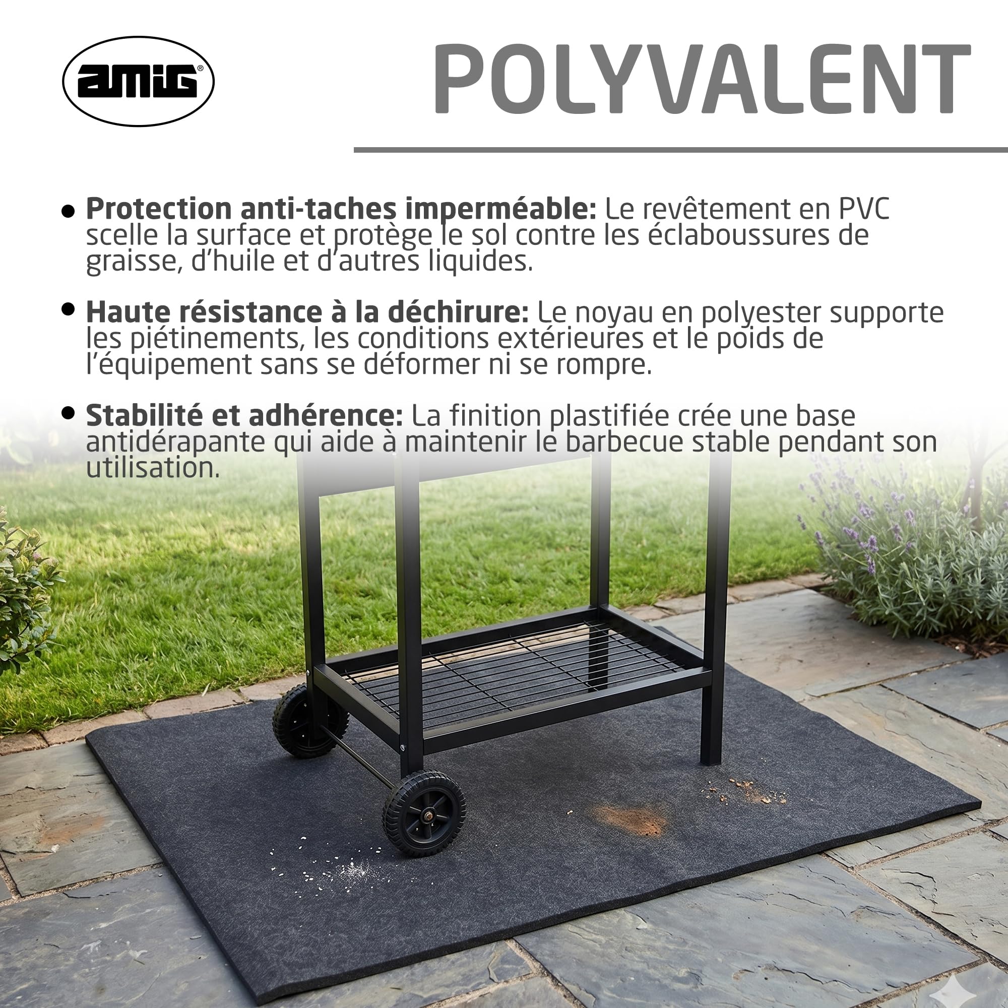 Amig - Tapis de Protection pour Barbecue BBQ - Anti-Taches, Imperméable et Antidérapant - Protection du Sol Contre la Graisse, l’Huile et Les Étincelles - 100 x 120 cm - Polyester PVC - Noir