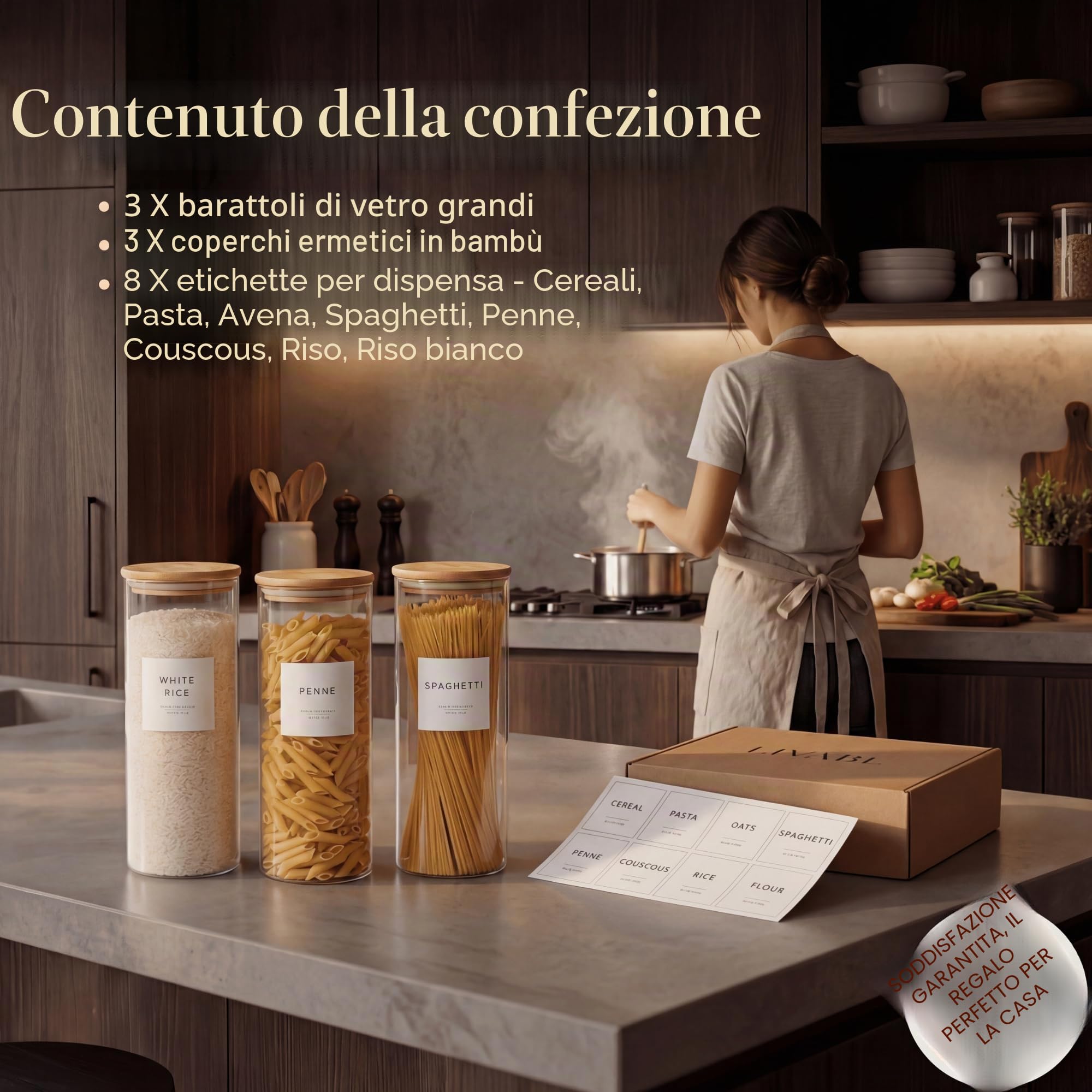 Livabl Set di 3 barattoli in vetro di bambù con coperchi ed etichette, 2,2 l, per spaghetti, pasta, avena, cereali, riso, contenitori da cucina