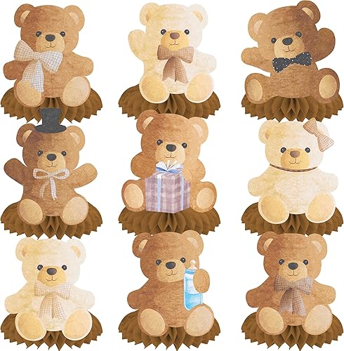 9 piezas de oso de peluche con forma de panal de abeja, decoración de mesa con temática de oso para niños, fiesta de cumpleaños, revelación de