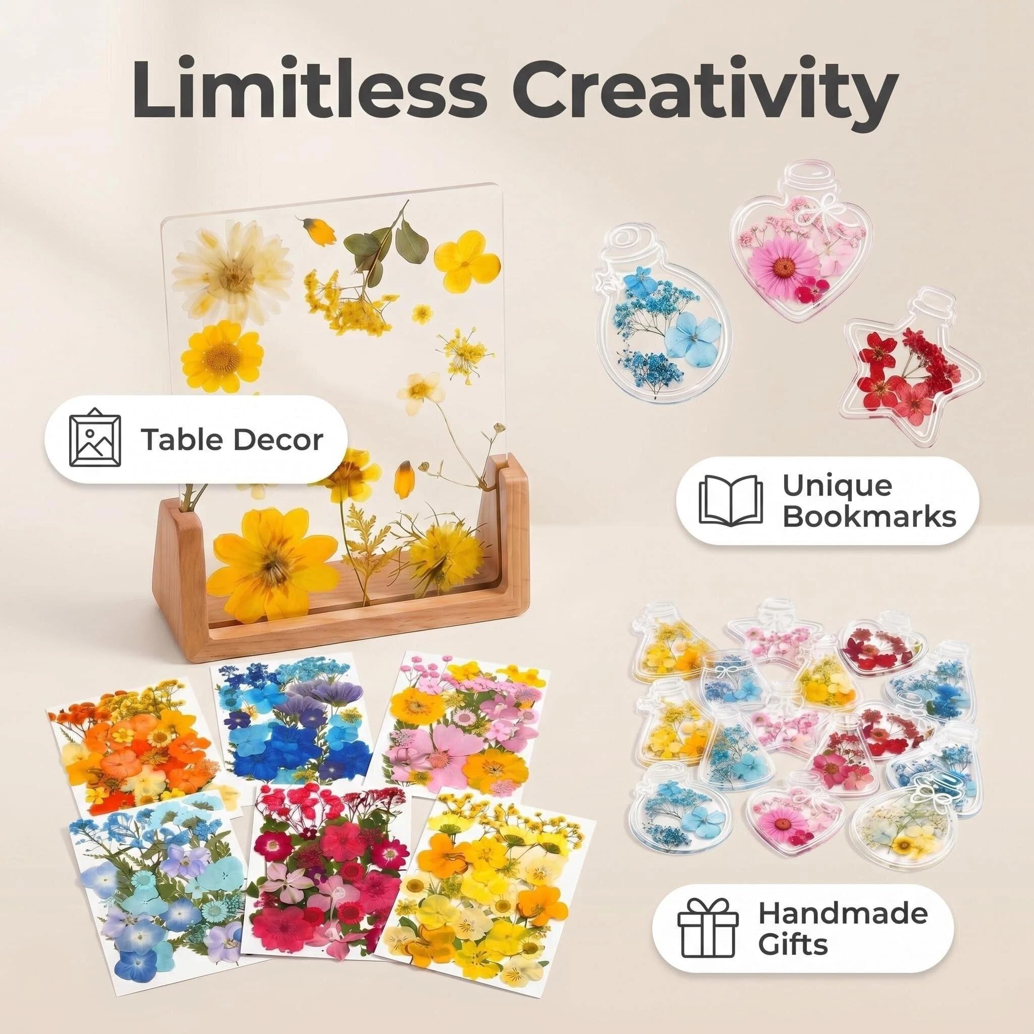 Kit de loisirs créatifs de fleurs séchées pressées, 180 feuilles de fleurs séchées à faire soi-même avec cadre en bois acrylique de 15,2 x 20,3 cm, 20 marque-pages pour art en résine, fabrication de