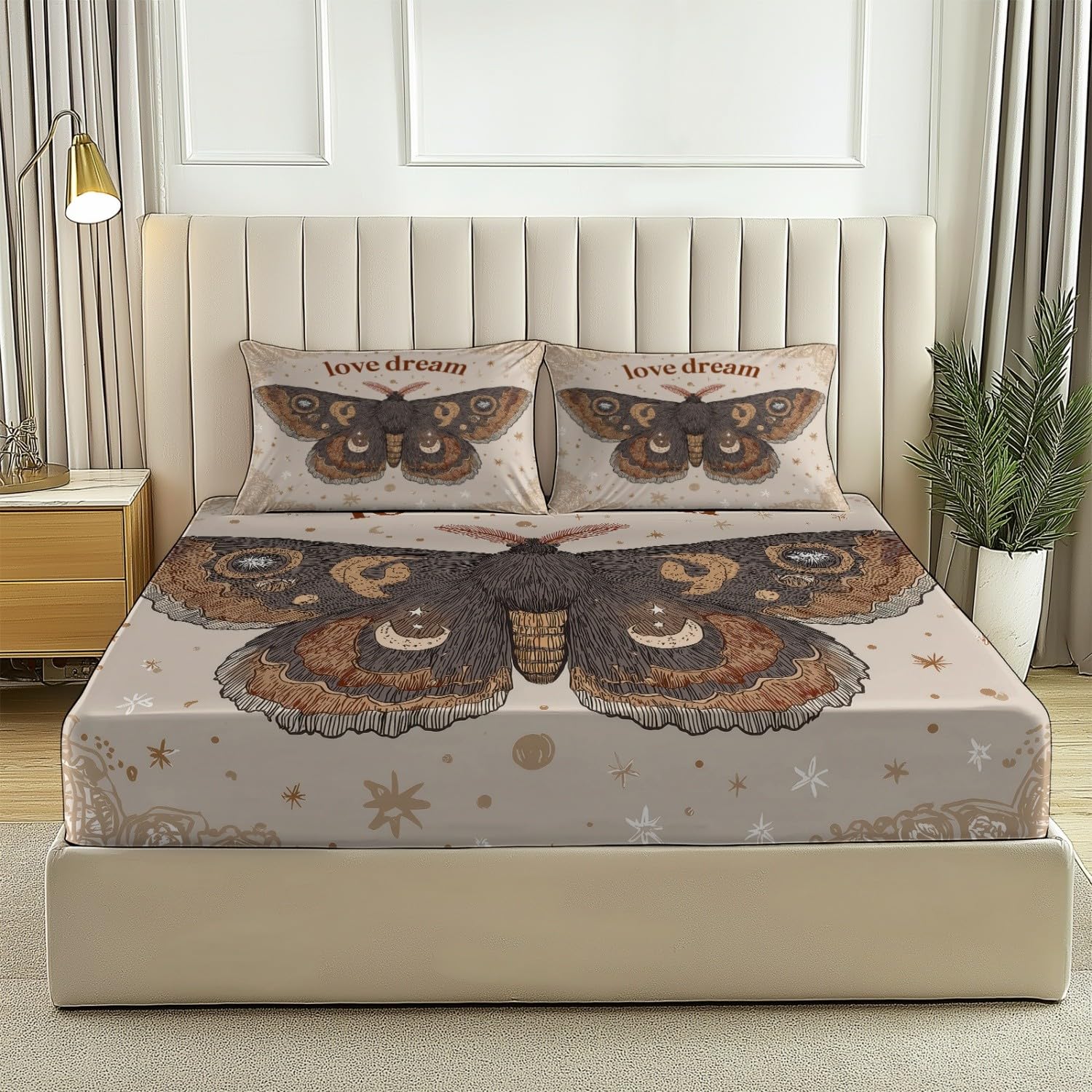 Drap-Housse Bohème Rétro Papillon Étoiles pour lit Double, Brun Motif Microfibre Doux avec Bord élastique, 150 x 200 cm Parfait pour Chambre d'enfant - Draps Housses Bonnet 30cm