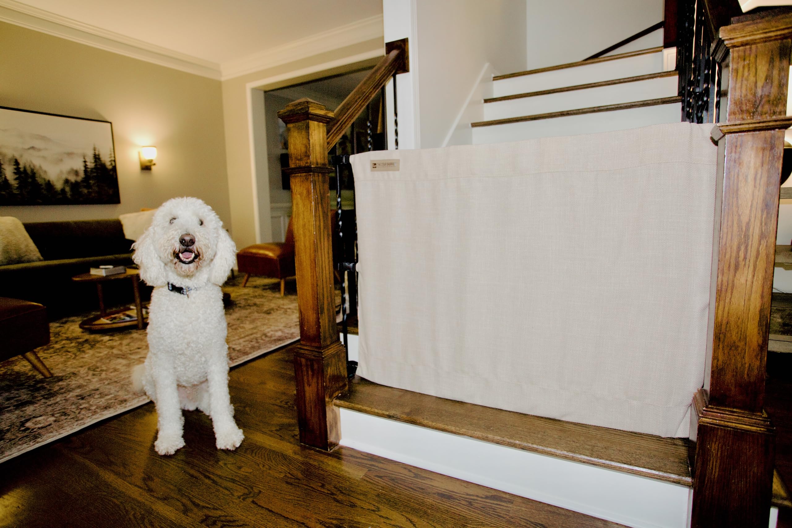 The Stair Barrier First Fabric Banister to Banister Baby Gates for Stairs 36”–42” Wide x 32” Tall– No Drill Baby Gate for Top or Bottom Staircase,