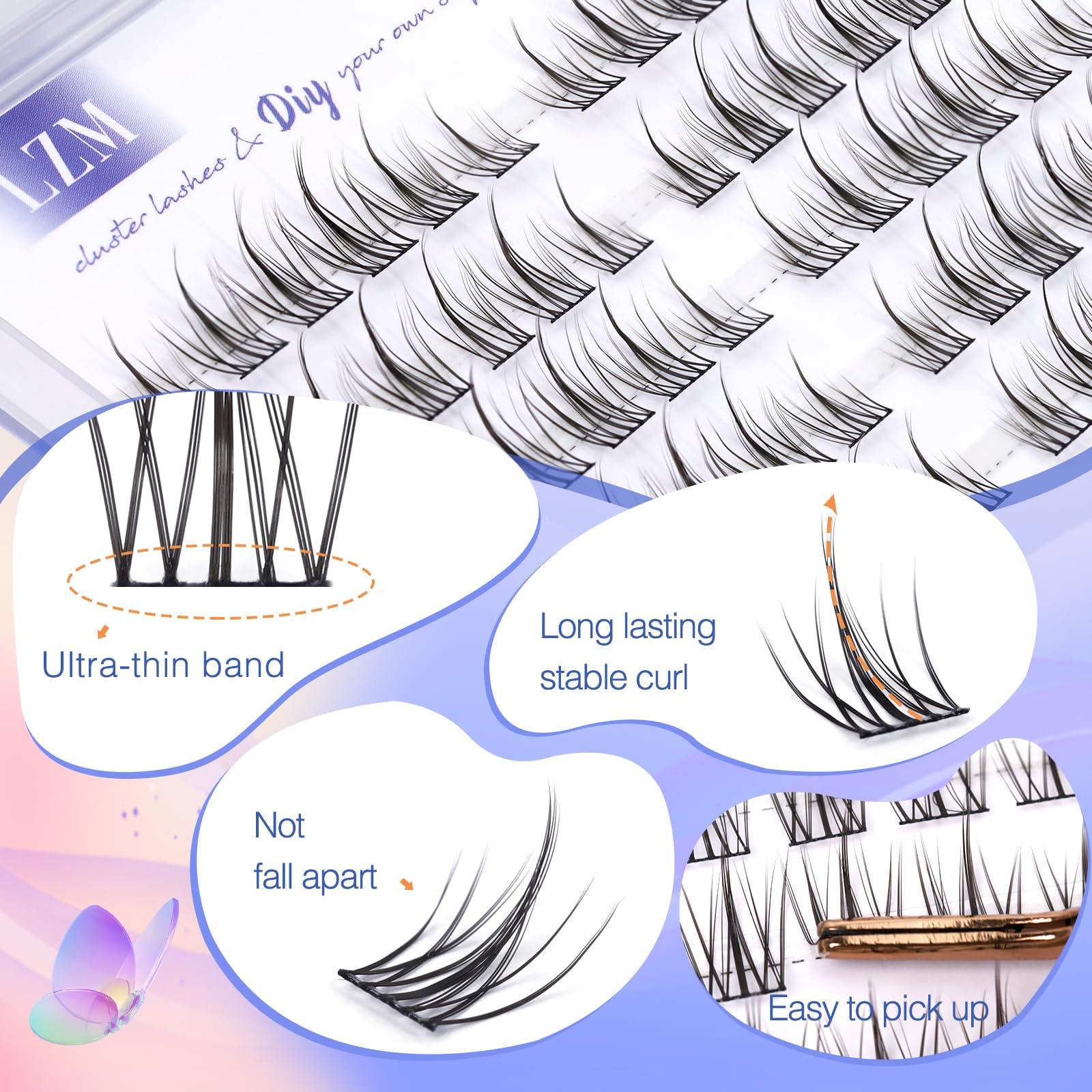 LZM Cluster Lashes Individual Eyelashes C Curl Individual Natural Reusable Lash Clusters Thin Band Natural Eyelashes (z01) - Image 2