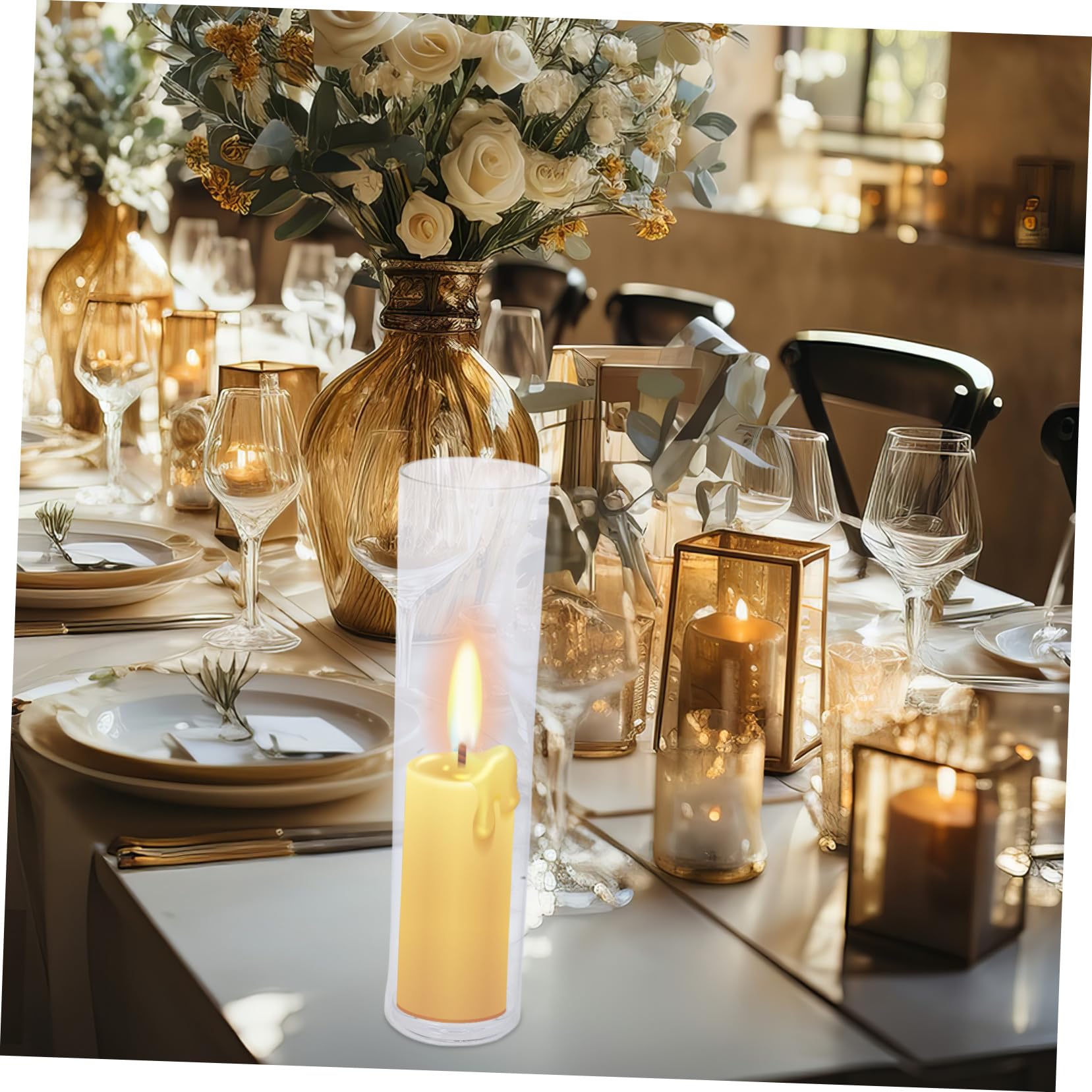 POPETPOP Candelabro de Vidrio Transparente en Cilindro, Resistente al Viento, para Centro de Mesa de Boda y Cumpleaños, Decoración del Hogar