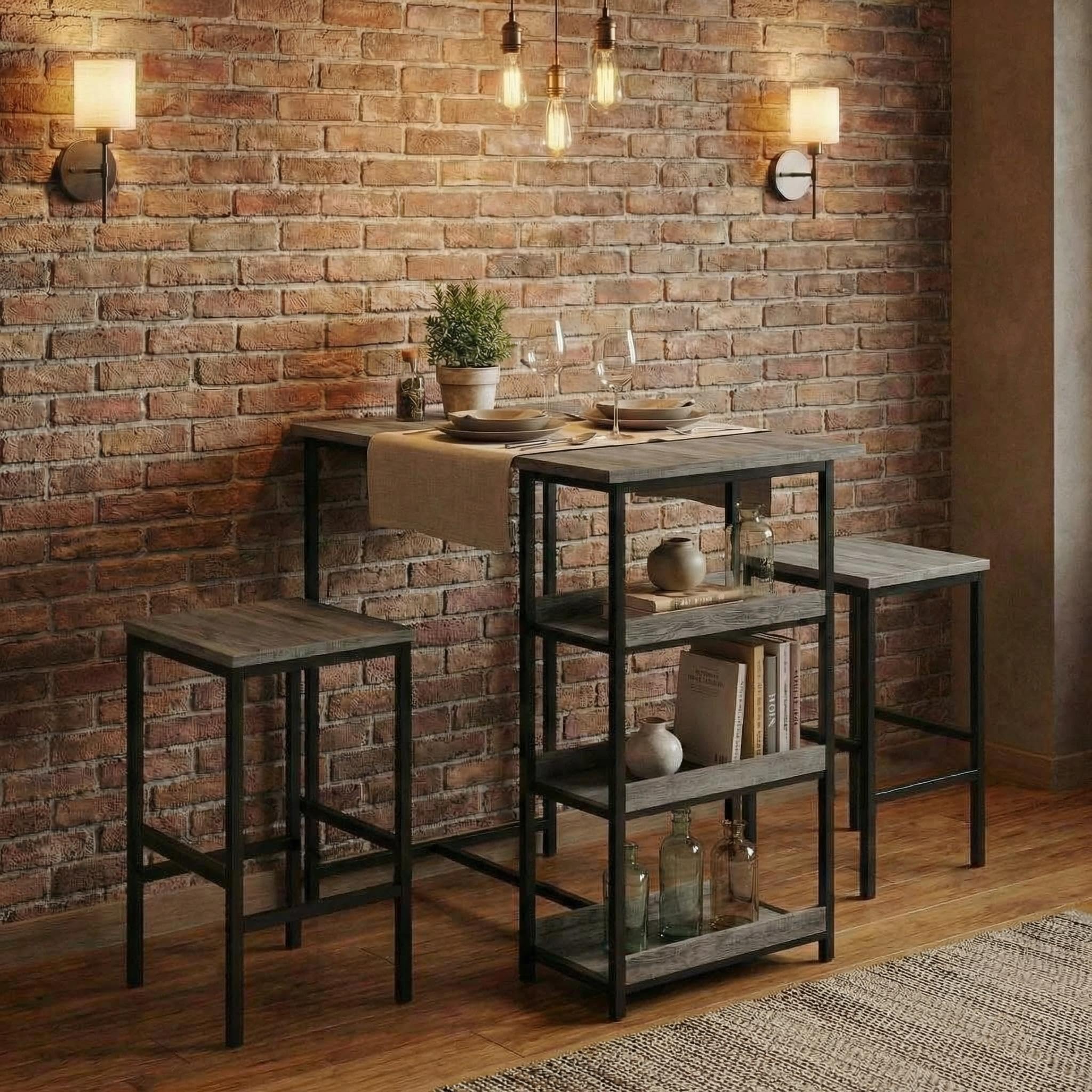 Litake 3-Piece Bar Table Set for 2, Bar Height Table with Stools & 2 Storage Shelves, Small Dining Table Set with Glass Rack, Small Kitchen Table for Dining Room, Living Room, Grey