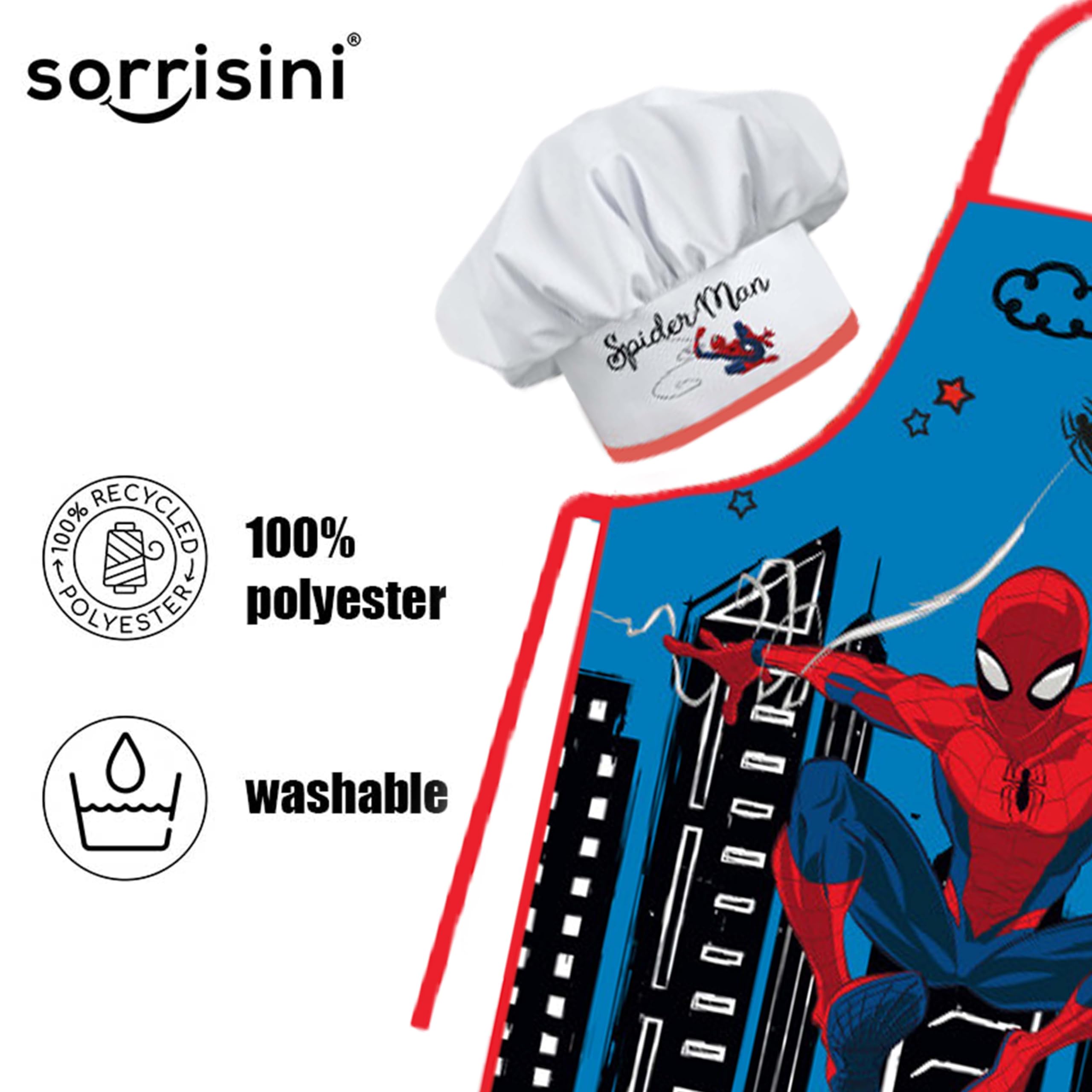 Fartuch kuchenny dla dzieci, Kapelusz szefa kuchni dla dzieci, Fartuch i regulowany kapelusz szefa kuchni do gotowania, Pieczenia lub malowania, Spiderman City
