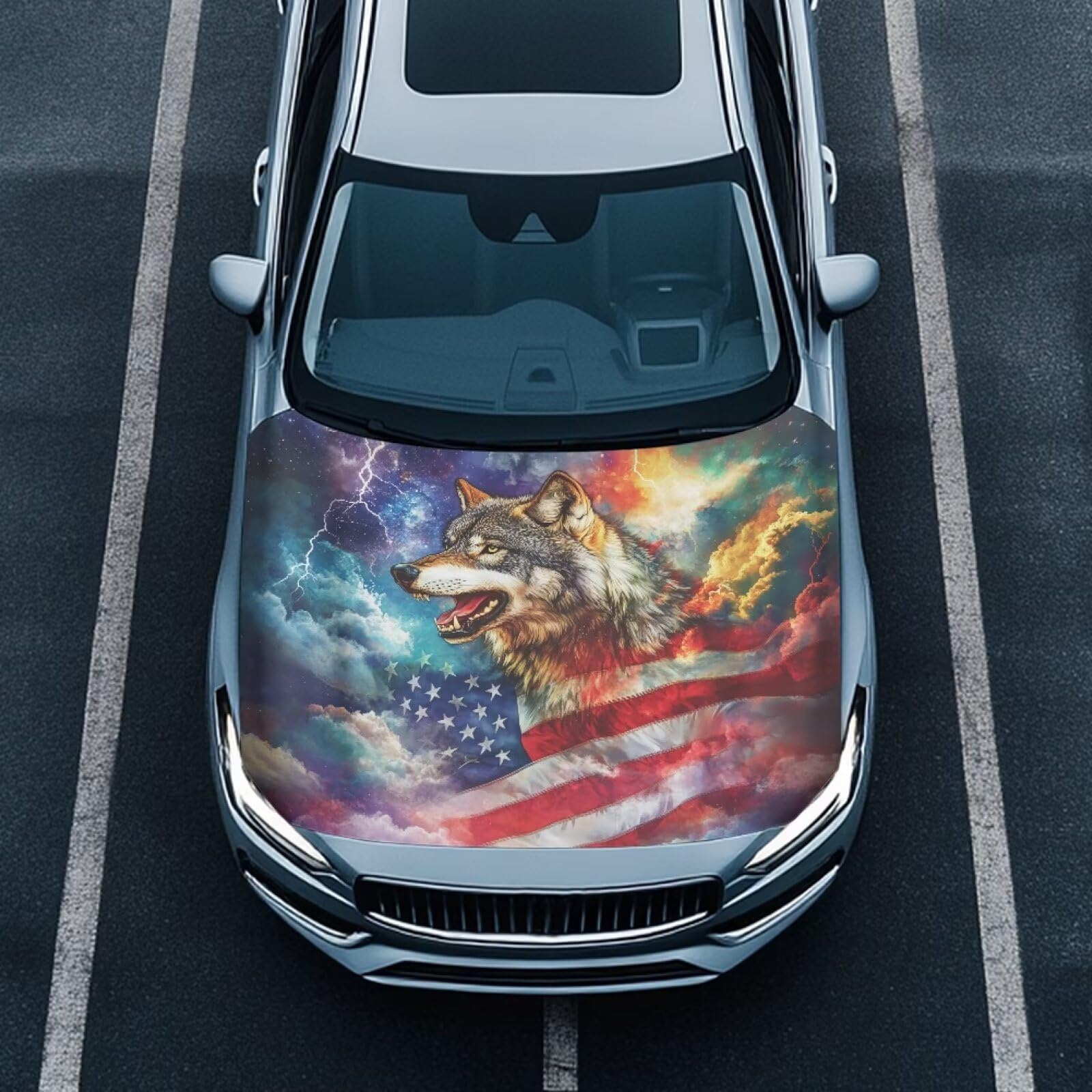 Car Hood Cover 59×39 Inch Stretchable Wolf and American Flag Print Auto Hood Wraps Waterproof Auto Outdoor Decorations for Compact Sedans SUV Trucks Minivan