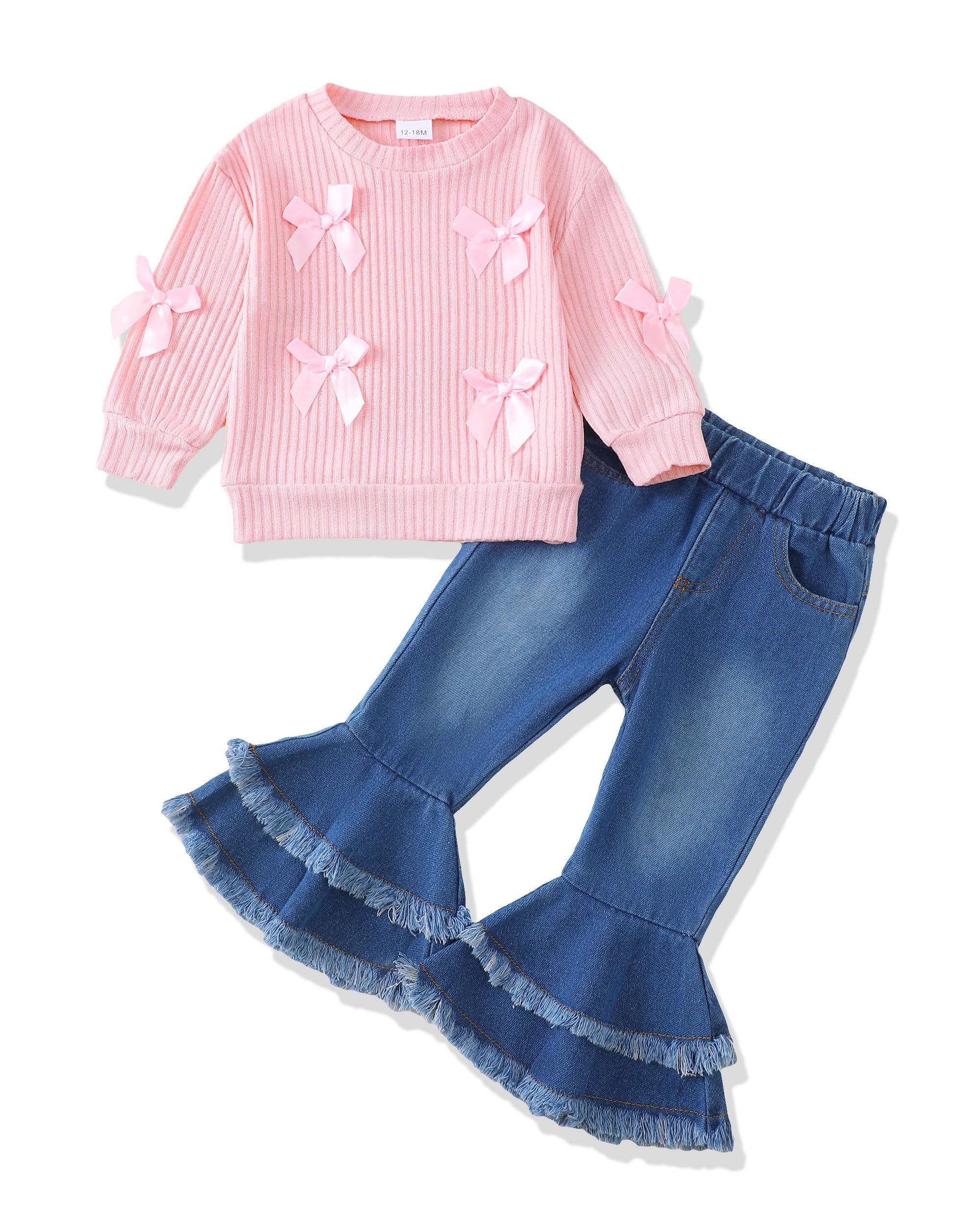 Renotemy Toddler Baby Girl Clothes Fall Winter Outfit Bow Sweatshirt Denim Bell Bottom Jeans Outfits for 1-5 Year