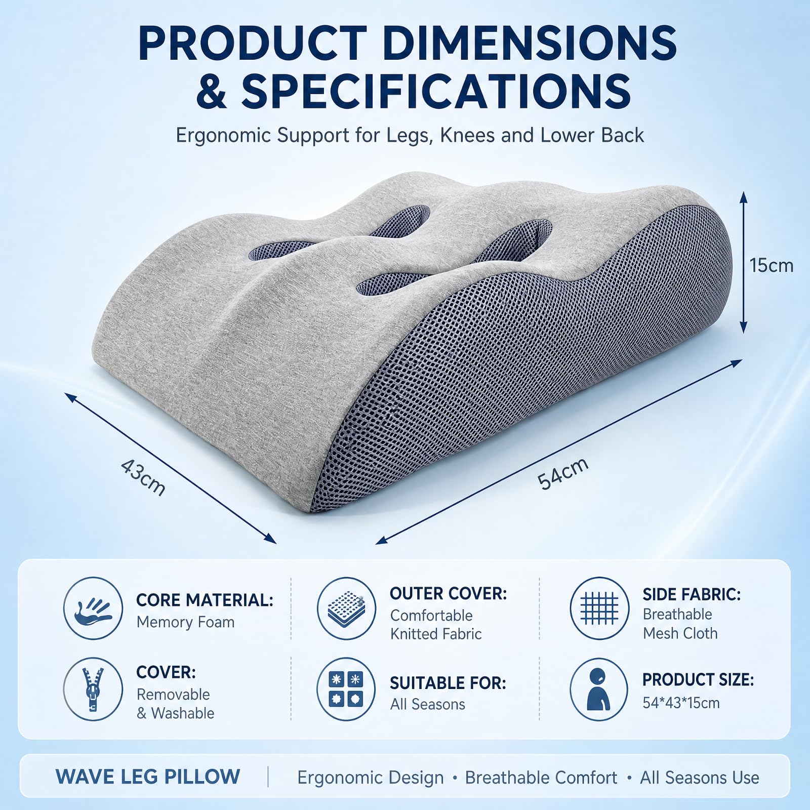 Venenkissen Beinhochlagerungskissen, Kissen Beine Hochlagern Memory-Schaum, Beinkissen Ergonomisches zur Förderung der Durchblutung (Hellgrau, 54 * 43 * 15CM)