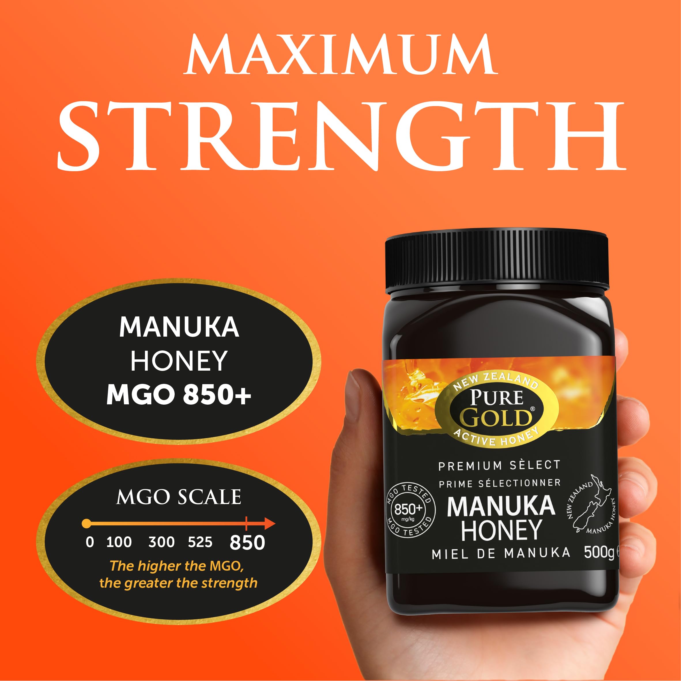 Pure Gold Manuka Honig 850+ MGO zertifiziert, Premium Neuseeland Manuka Honey 500g