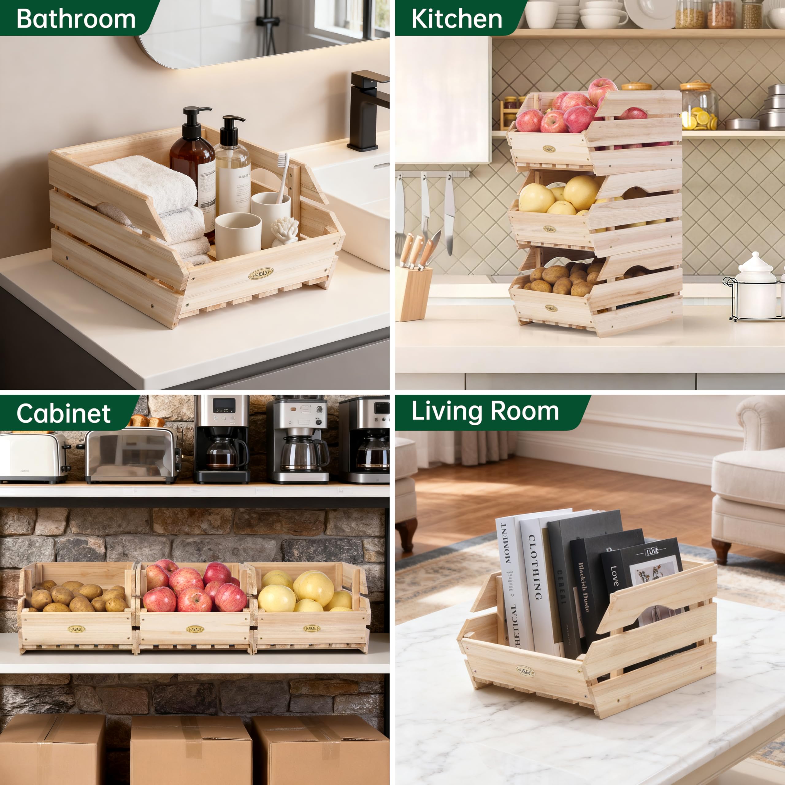 Cesta de frutas de madera de 3 niveles para cocina, cestas apilables para encimera, soporte de frutas, organizador de almacenamiento para verduras, cebolla, patata, panes