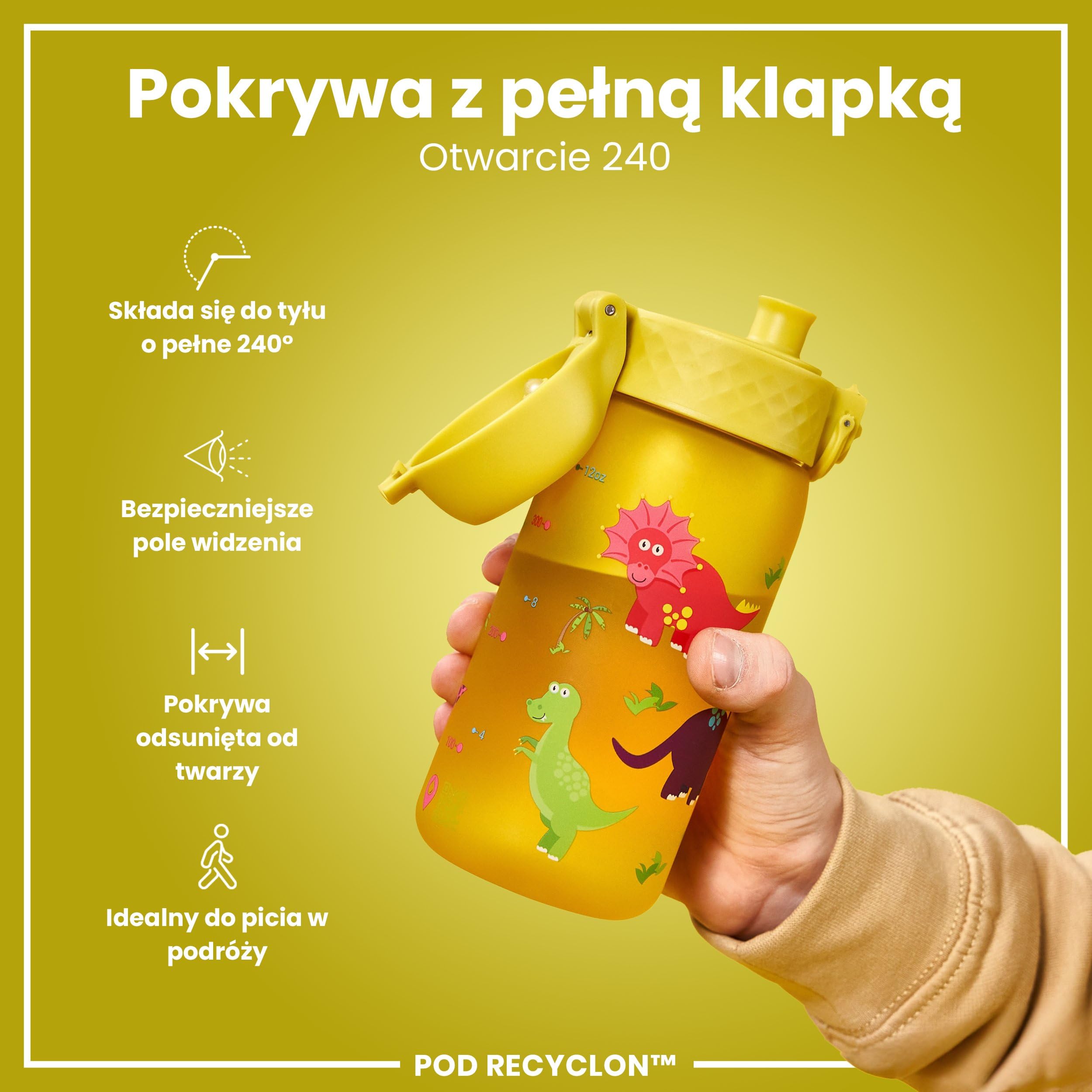 ION8 Butelka dla Dzieci, 350 ml/12 oz, Szczelna, Łatwa do Otwarcia, Bezpieczny Zamek, Można Myć w Zmywarce, Bez BPA, Uchwyt do Przenoszenia, Łatwa do Czyszczenia, Bezwonny, Dinozaury