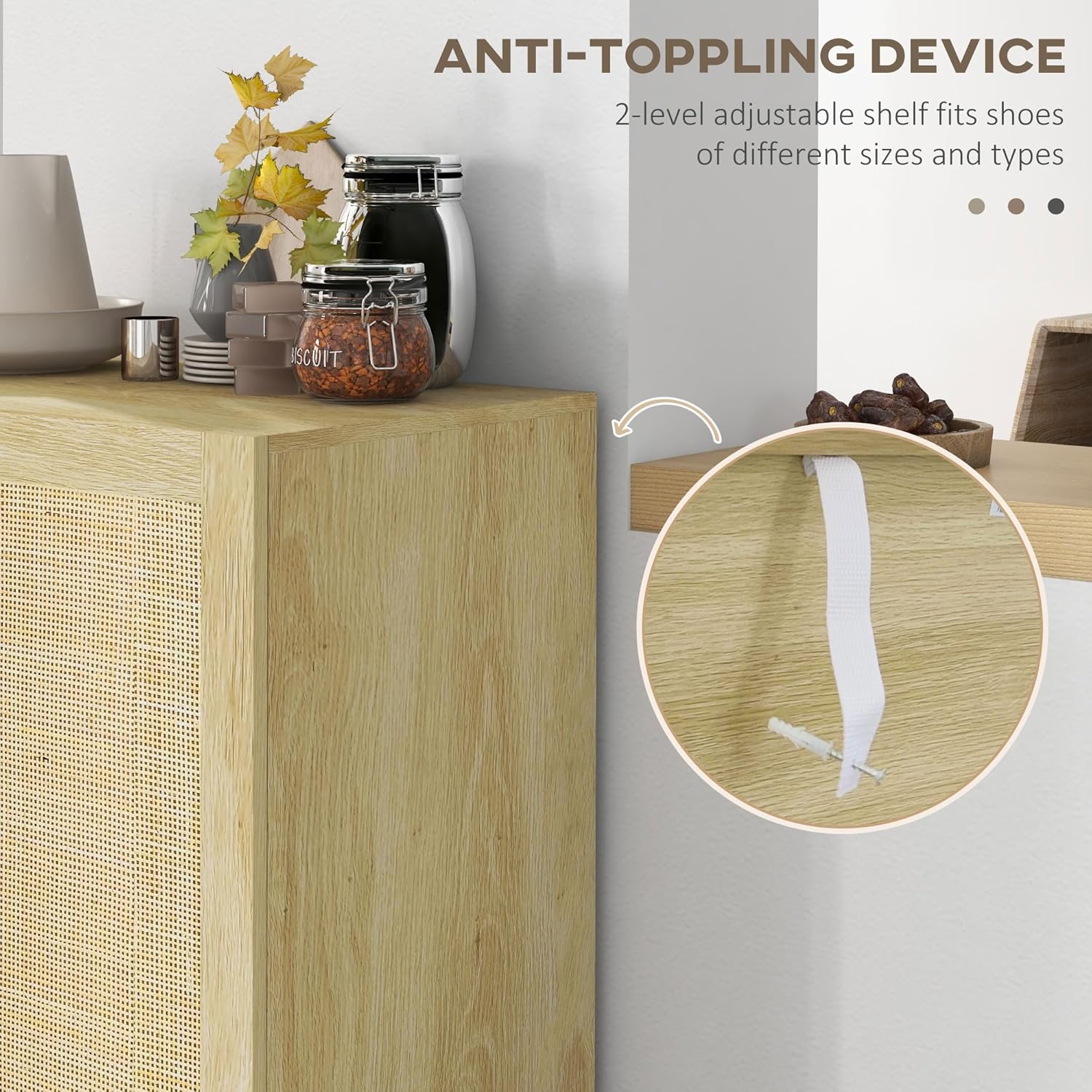 Natural Rattan Door Freestanding Home Bar Cabinet with Adjustable Shelves