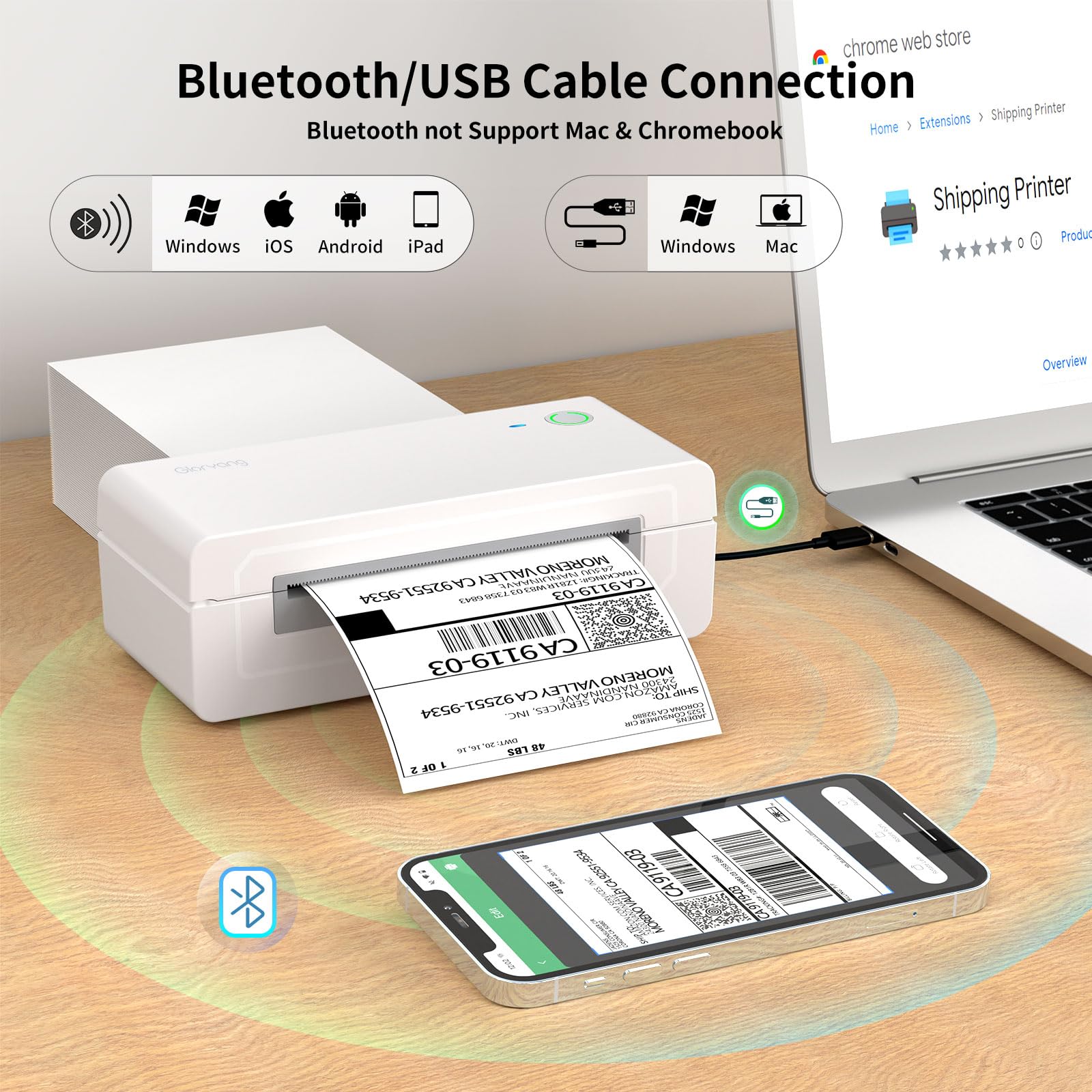 Gloryang Stampante termica Bluetooth per etichette di spedizione, stampante per etichette senza inchiostro 4X6 per iOS, Android, laptop, stampante wireless per piccole imprese, compatibile con Amazon,
