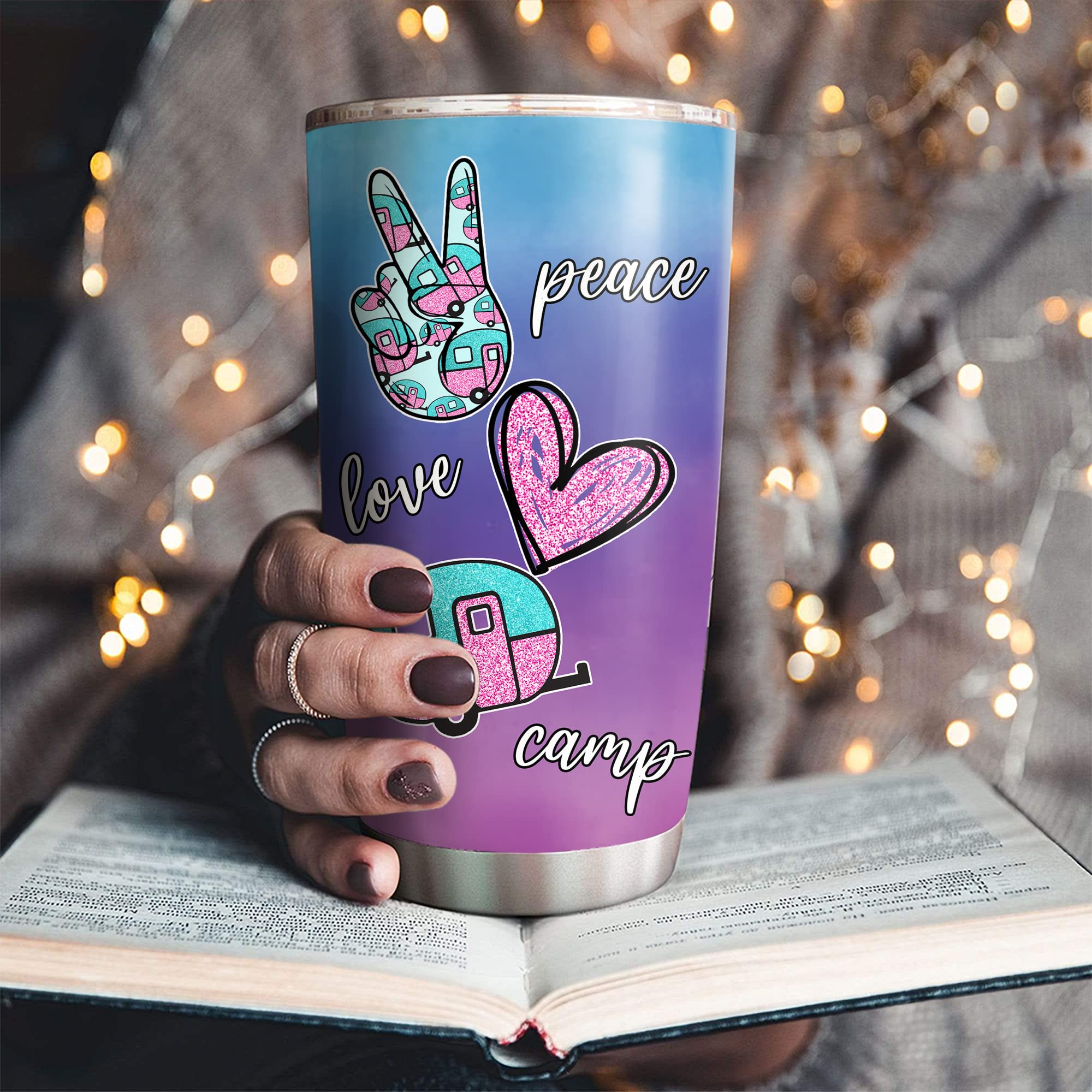 Hyturtle Personalized Peace Love Camp For Camping Lover 20oz Stainless Steel Tumbler, Customized Name Camper Tumbler Gifts For Women, Gift For Camping Lovers On Birthday