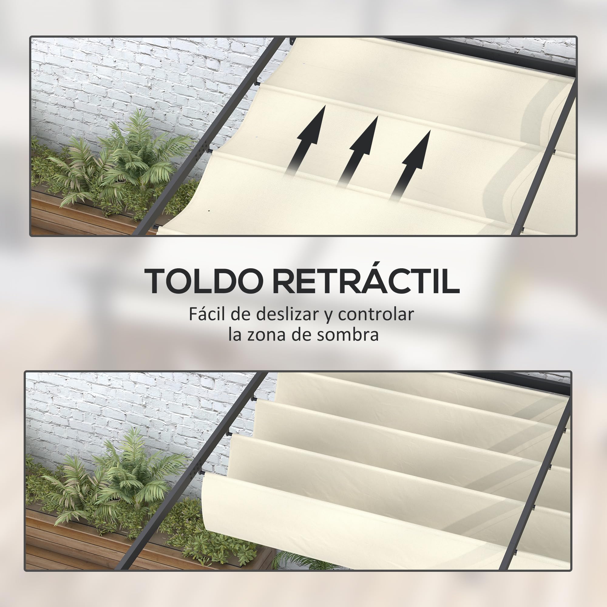 Outsunny Pérgola de Pared 4x3 m Cenador de Jardín con Techo Retráctil de Poliéster y Marco de Acero para Celebraciones Fiestas Bodas Crema y Gris Oscuro | Cenador de Jardín, Techo de Poliéster, Marco de Acero, para Celebraciones Fiestas Bodas