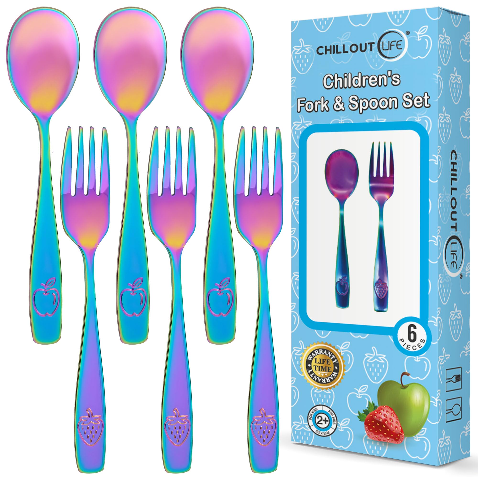 Stainless Steel Kids Silverware Set 6 Pieces - Child and Toddler Safe Flatware - Kids Utensil Set - Metal Kids Cutlery Set (Includes 3 Small Kids Spoons & Kids 3 Forks, UV Rainbow)