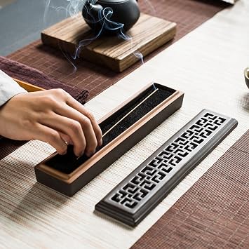 Rectangular Ceramic Incense Burner With Exquisite Lid Incense Stick Holder Stand Ash Catcher Tray Box With Fireproof Layer, Ornamental piece for Home, Office Décor Wooden 30CM