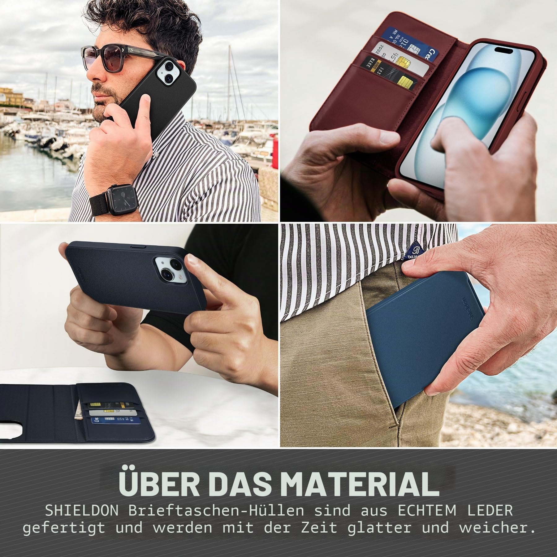 SHIELDON Rindsleder Hülle für iPhone 15 6,1" 2023 5G, Schwarz