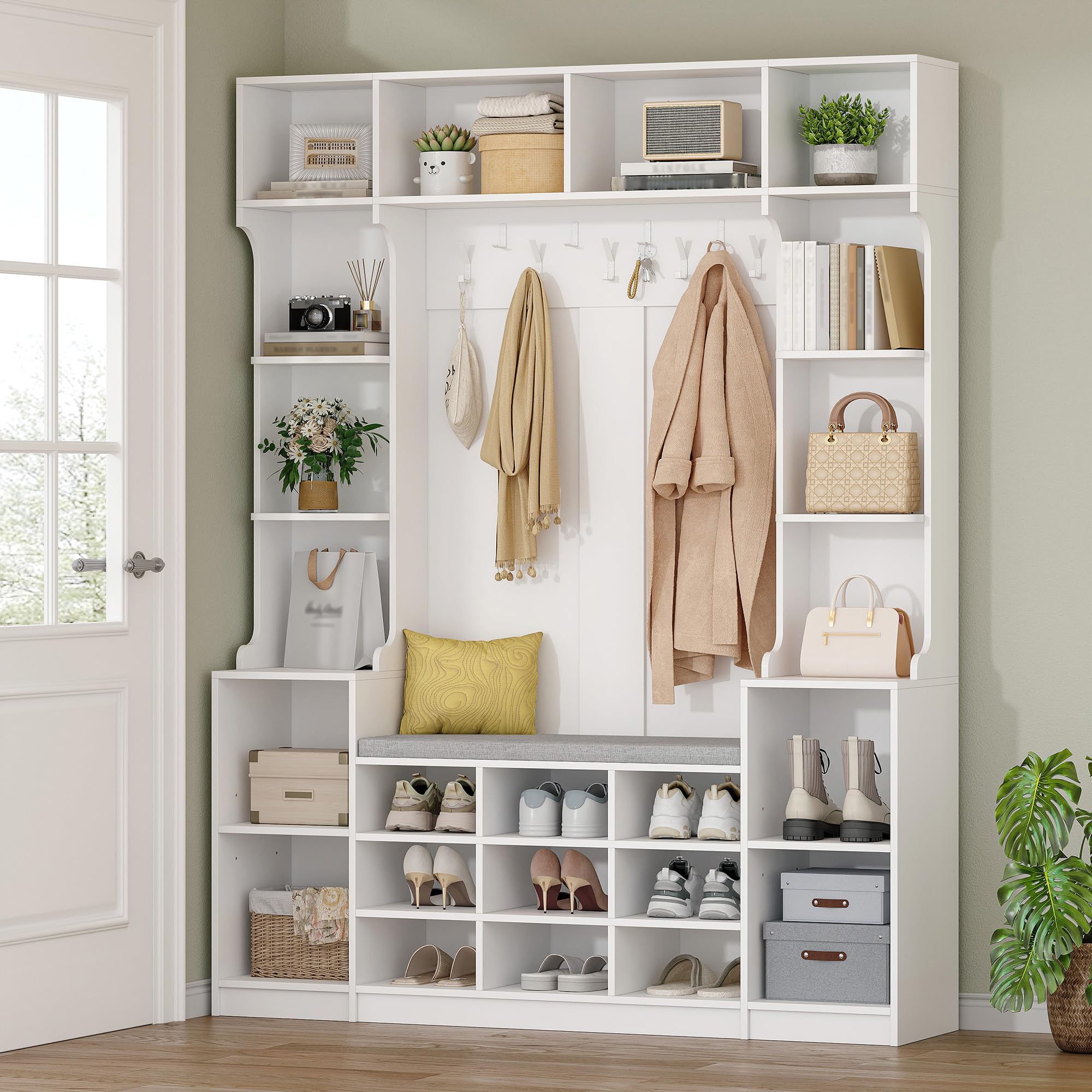 HEXCELEN Garderobenständer mit Schuhbank, 150 x 35 x 193,2 cm, mit 23 Offenen Fächern und 9 Haken, Verstellbare Regalbretter, für Flure, Eingangsbereiche, Wohnzimmer, Weiß