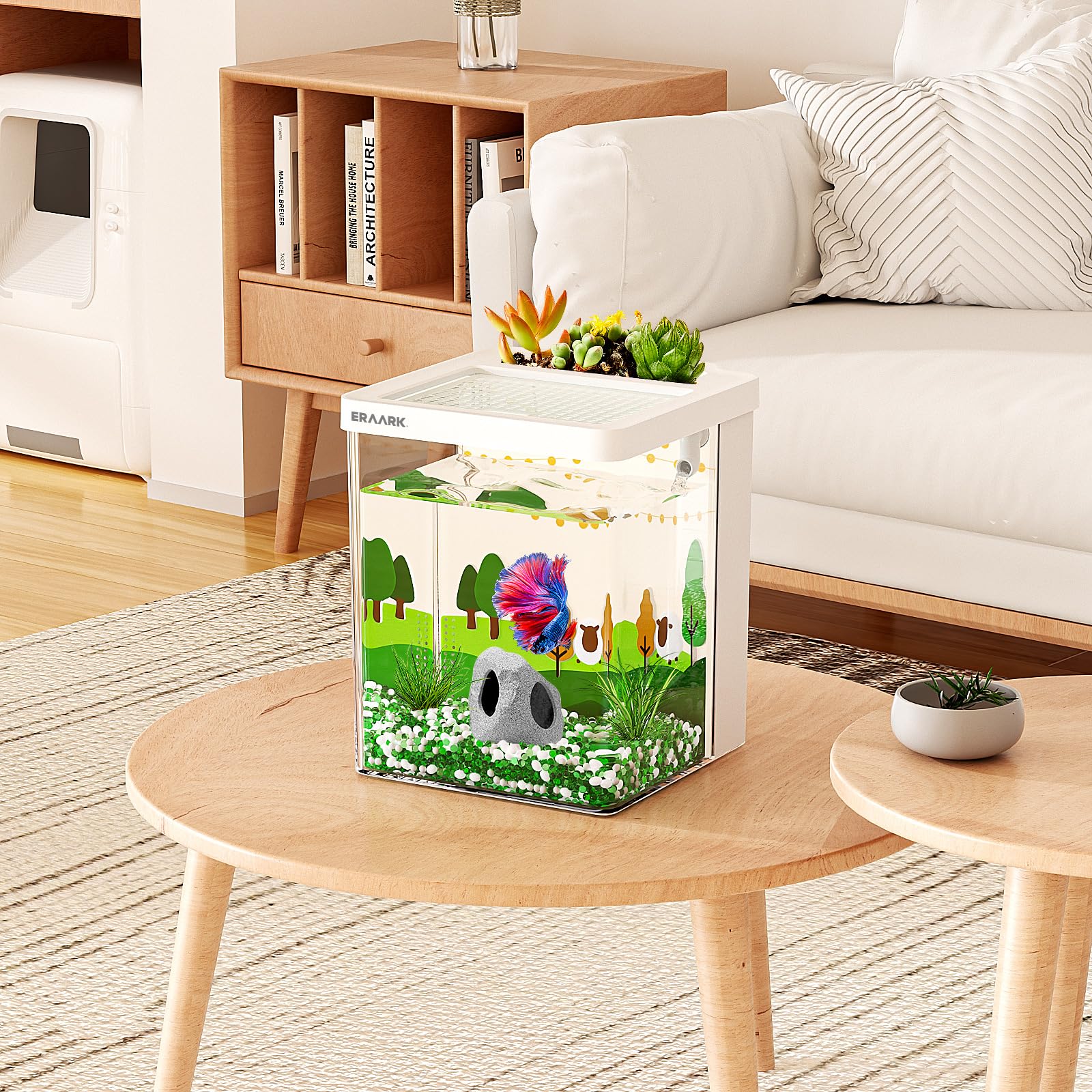 Acuario Completo Para Principiantes 37.6x21x21 Cm Con Tapa - Kit De 6 Piezas Con Decoración, Plantas Y Comida - Perfecto Para Escritorio, Salón O Dormitorio - Fácil Mantenimiento Y Cristal Transparente