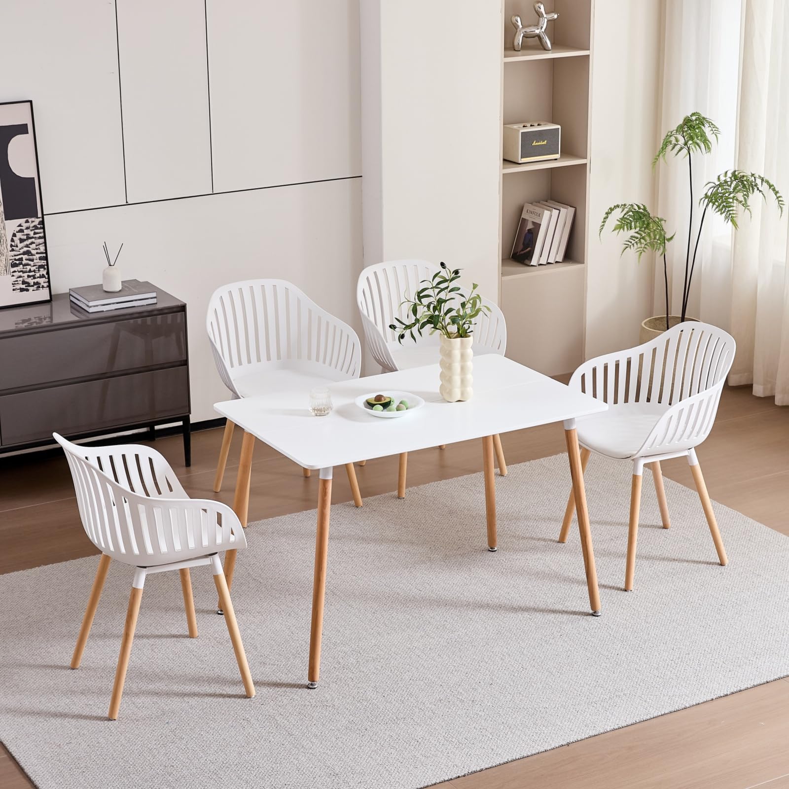 Juego de 4 Sillas de Comedor, Silla de Cocina con Cojines y Reposabrazos de Cuero, Silla con Respaldo Hueco, Adecuada para Sala de Estar, Cocina, Patio - Blanco